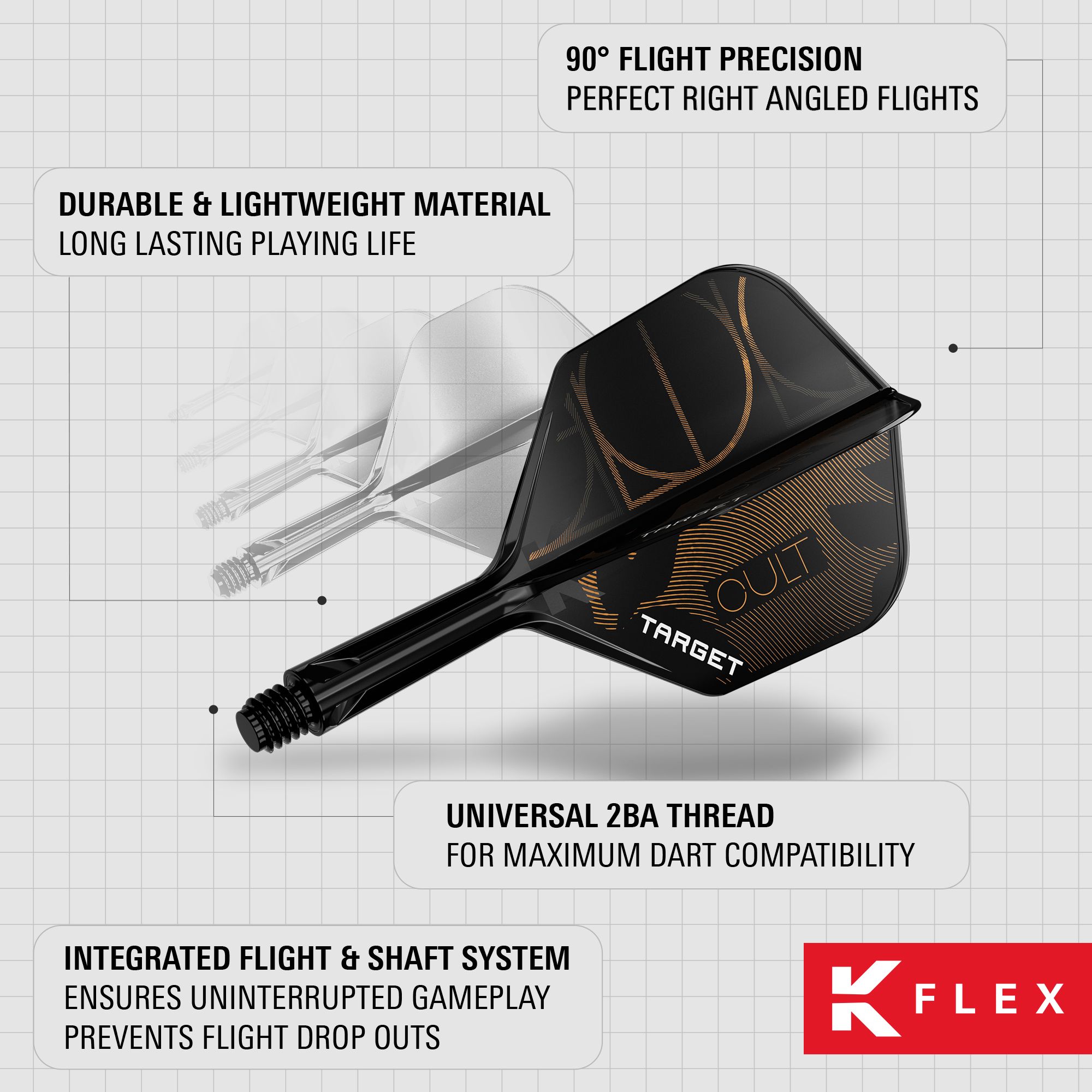 Hier ist das Target K-Flex Cult No6 Flight-Shaft-System abgebildet. Das Produkt wurde für Dartspieler entwickelt.