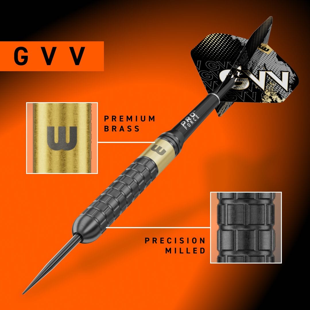 Winmau Gian Van Veen jádro mosazné Steeldarts - 21g Abgebildet sind Winmau Gian Van Veen Core Brass Steeldarts mit 21 Gramm. Das Foto zeigt den Dartpfeil in voller Länge.