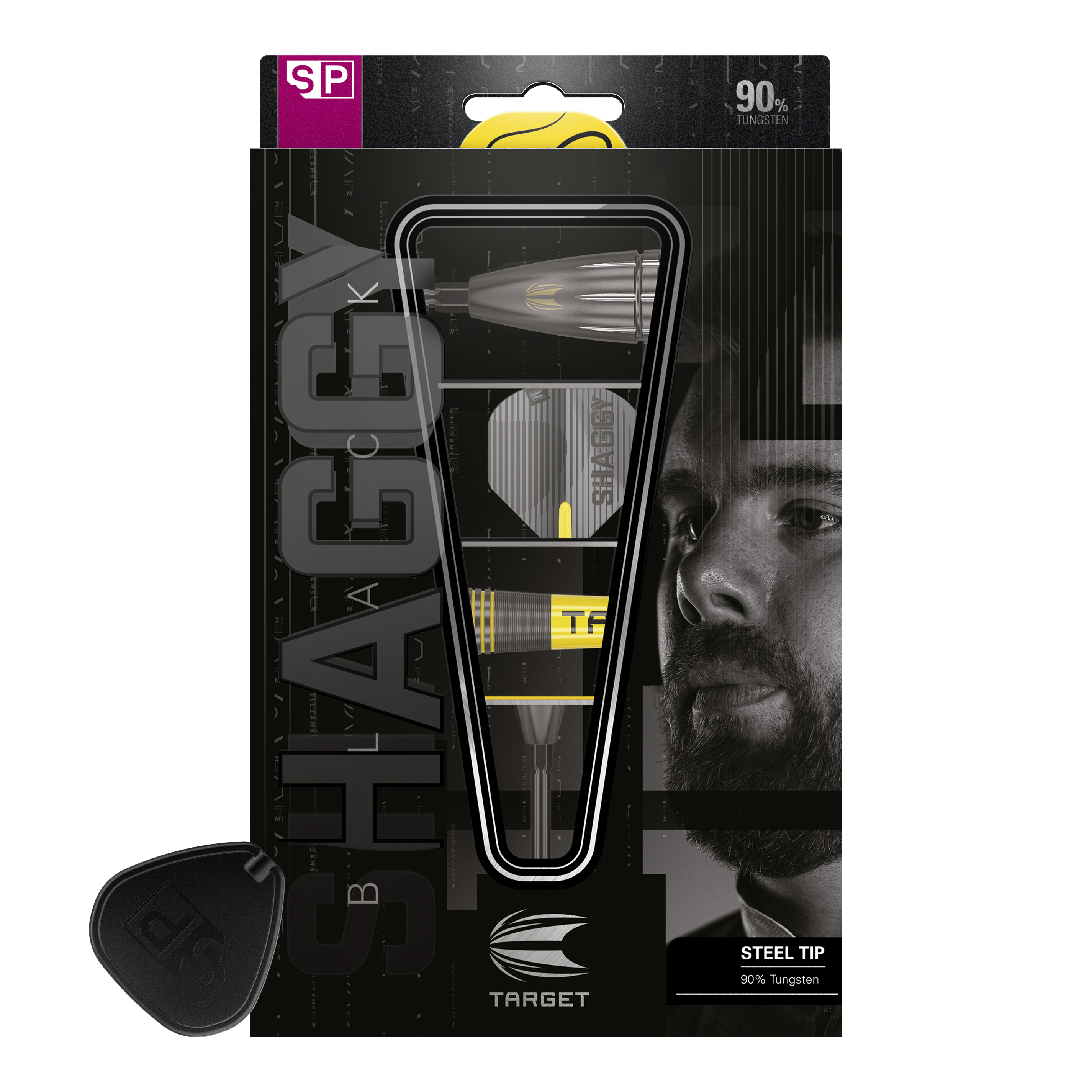 Šipky Target Scott Williams Shaggy Black Swiss Point Steel Das Bild zeigt die Verpackung der "Target Scott Williams Shaggy Black Swiss Point Steeldarts". Auf der Verpackung sind ein abgebildeter Dartpfeil sowie das Gesicht eines Mannes zu sehen.