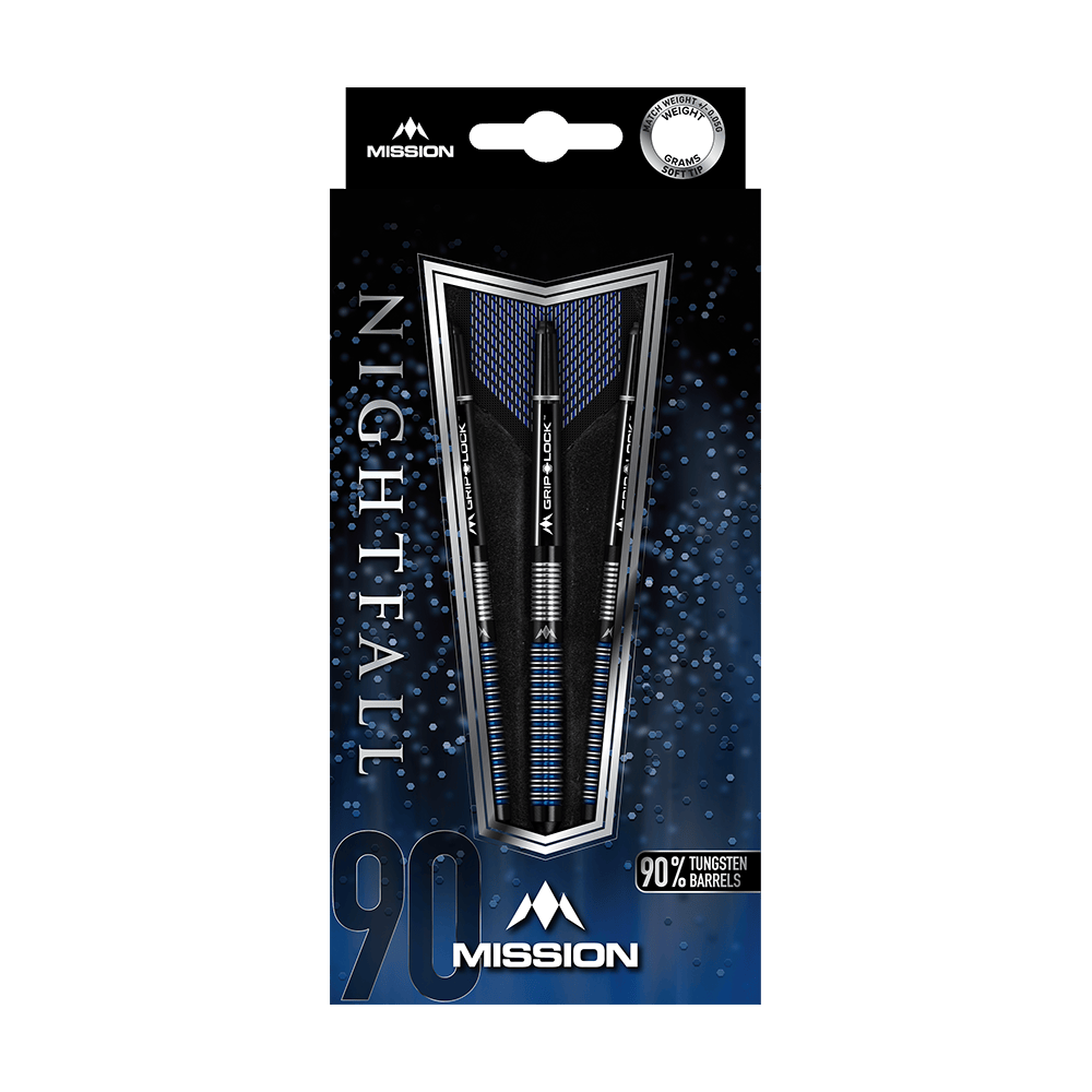 Měkké šipky Mission Nightfall Model 1 Das Bild zeigt die Verpackung der "Mission Nightfall Model 1 Softdarts". Die Darts bestehen zu 90 % aus Tungsten und sind auf einem dunkelblauen Hintergrund präsentiert.