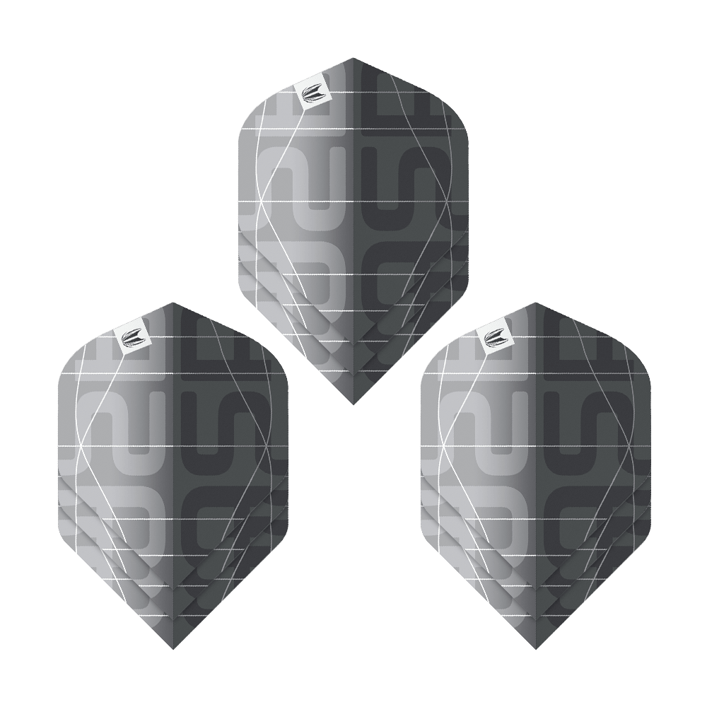Standardní letky Target Pro Ultra Aspinall X Echo No2 - 3 sady Das Bild zeigt drei schwarze und graue Dartflights mit modernem Muster. Es handelt sich um das Produkt "Target Pro Ultra Aspinall X Echo No2 Standard Flights - 3 Sets".