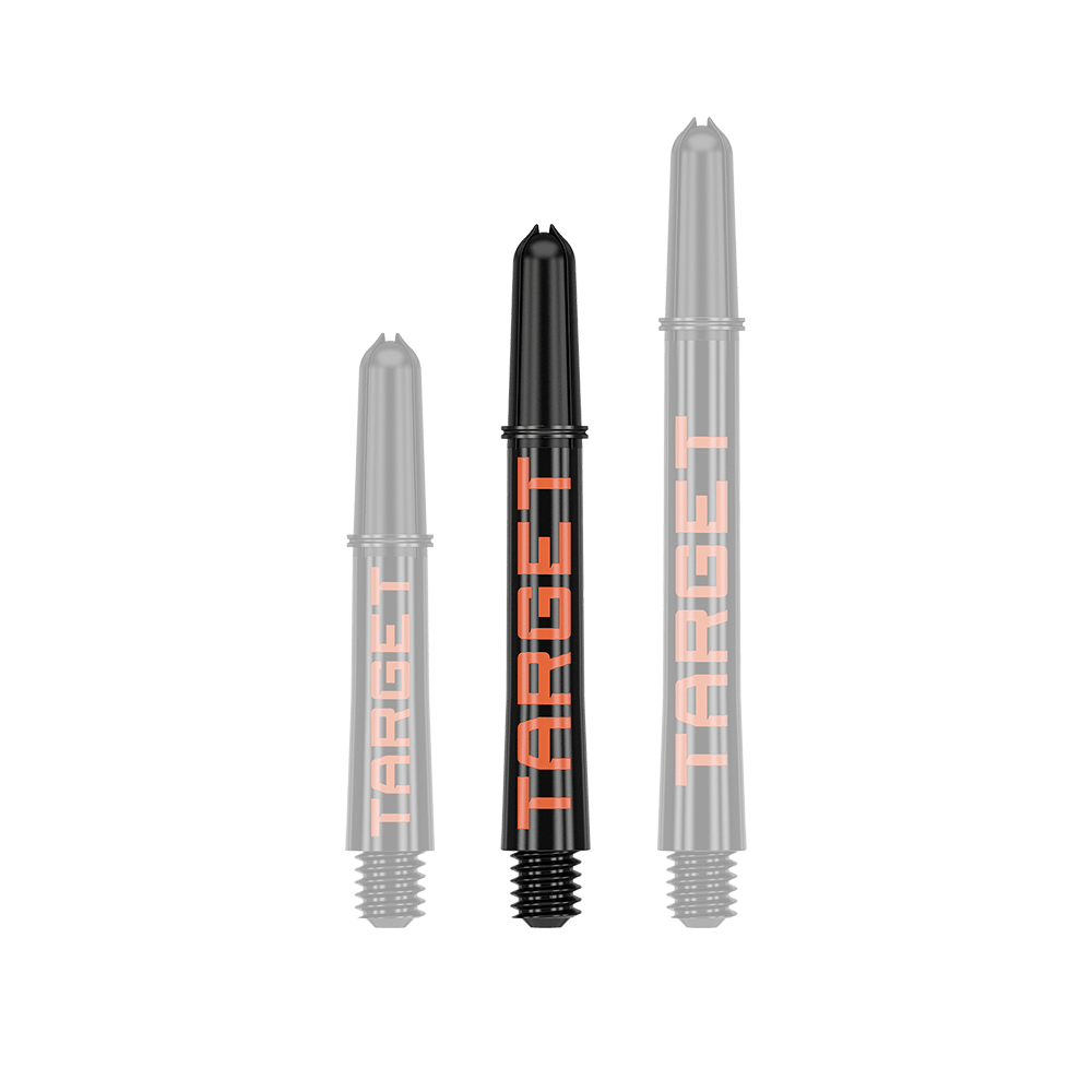 Násadky Target Pro Grip TAG - 3 sady - černo-oranžové Auf dem Bild sind drei schwarze Dartschäfte in unterschiedlicher Länge zu sehen. Auf jedem Schaft steht in orangefarbenen Buchstaben das Wort "TARGET".