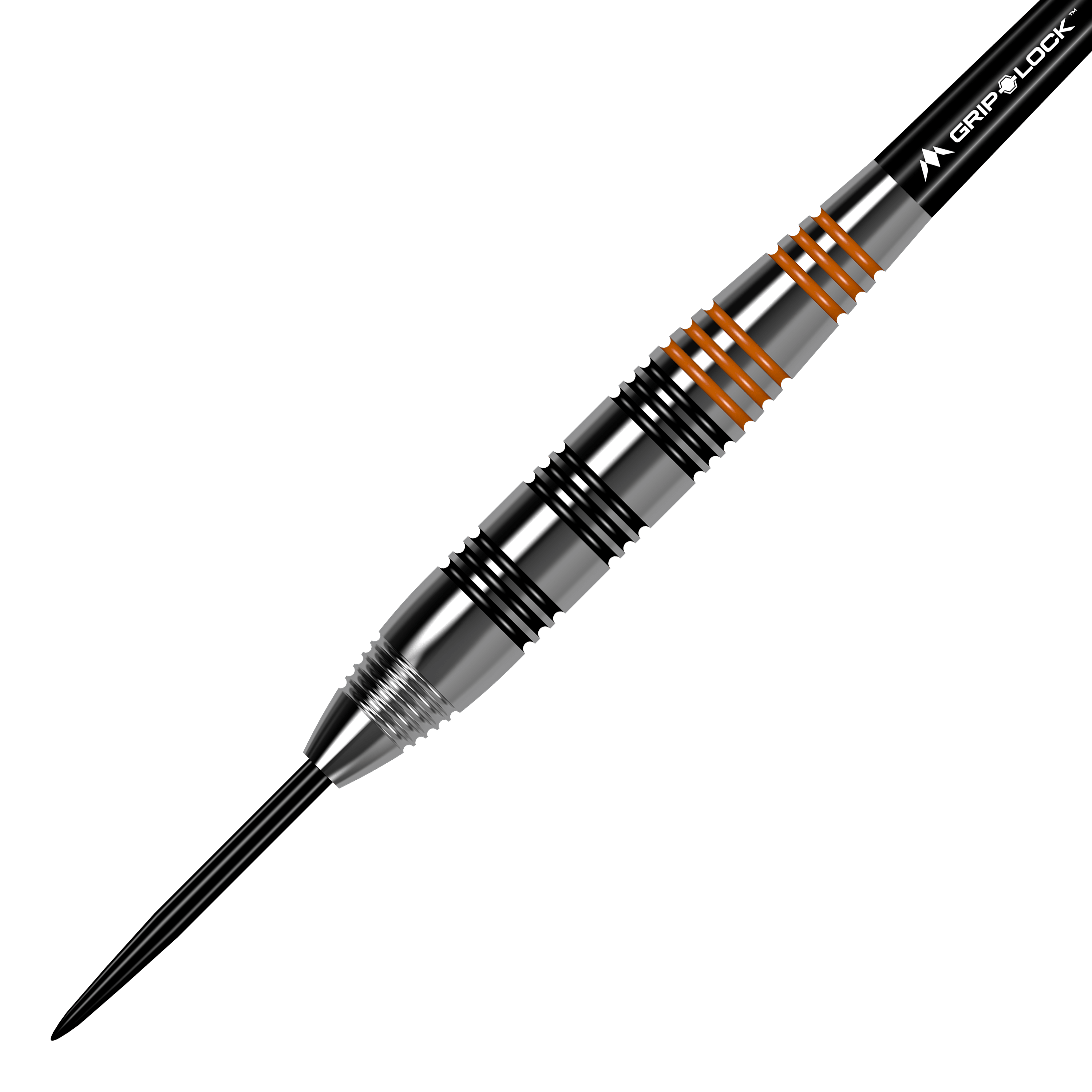 Šipky Mission Javan Brass Steel - 22g Das Bild zeigt einen Mission Javan Brass Steeldart mit einem Gewicht von 22 Gramm. Der Dart hat silberne und schwarze Rillen sowie einige orangefarbene Ringe am Griff.