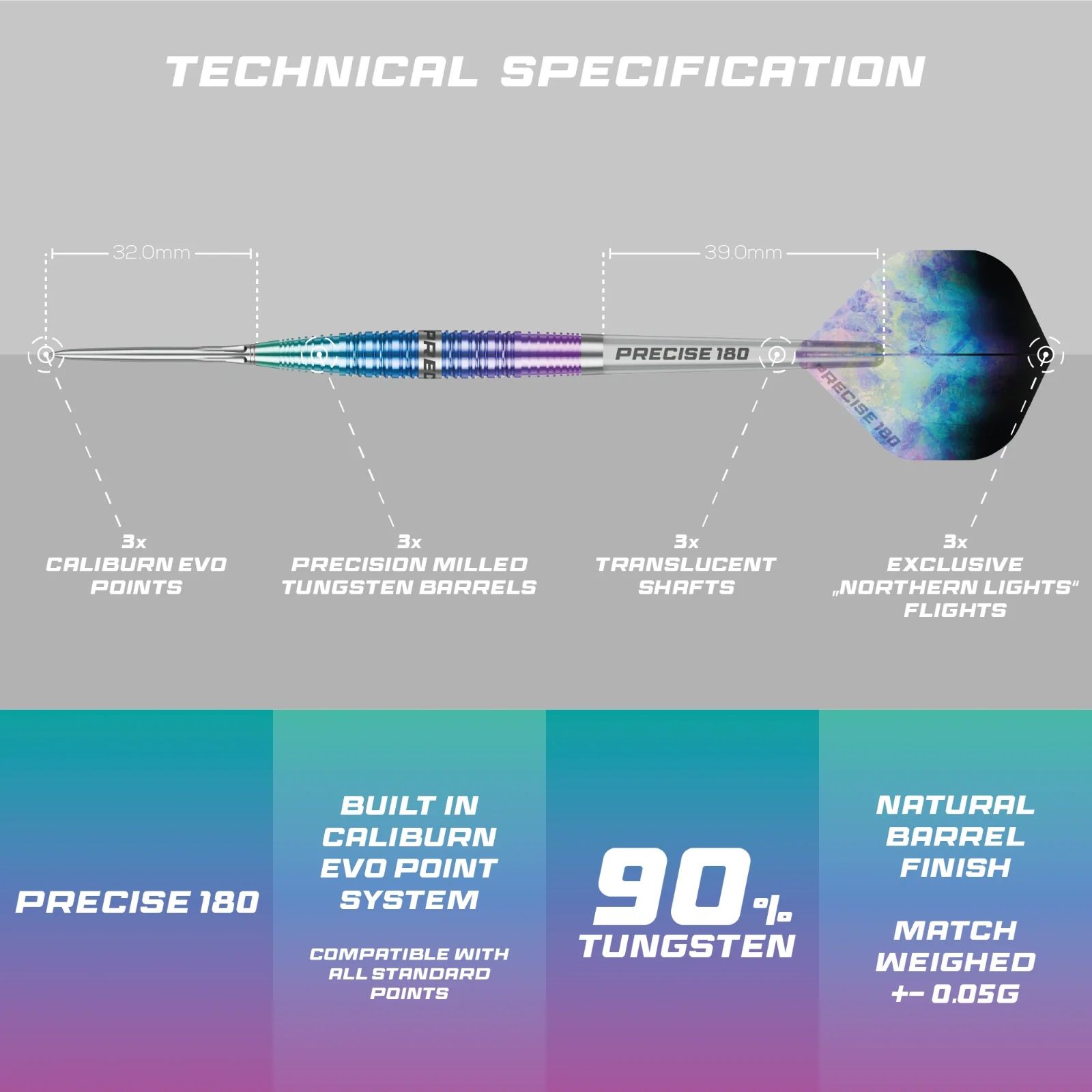Přesné ocelové šipky Northern Lights 180 Zu sehen sind die Precise 180 Northern Lights Steeldarts. Diese Steeldarts überzeugen durch hochwertige Verarbeitung.
