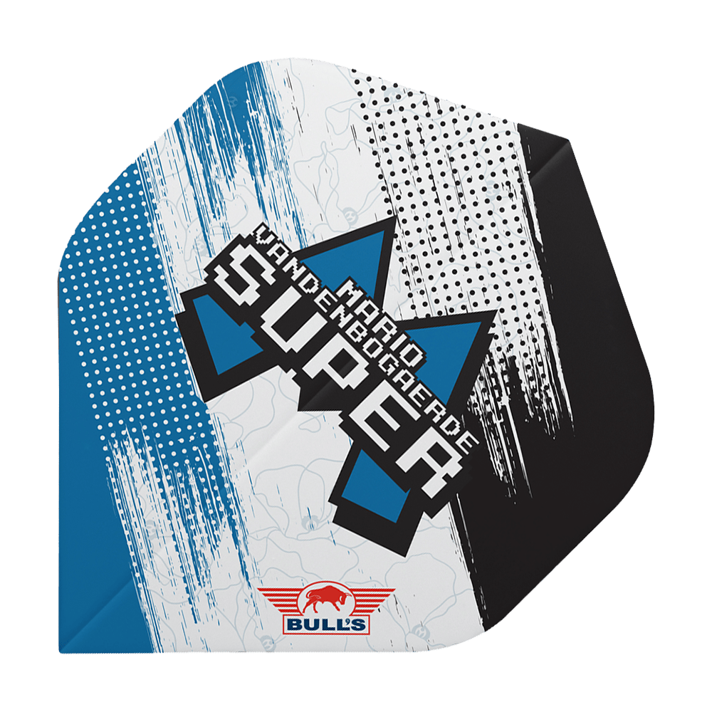 BU50946_BullsNL_Player_100_Mario_Vandenbogaerde_90_Standard_Flights_1 Das Bild zeigt ein Dartflight mit einem modernen, grafischen Design in Blau, Schwarz und Weiß. Auf dem Flight steht "Mario Vandenbogaerde SUPER" und unten ist das Bulls-Logo abgebildet.