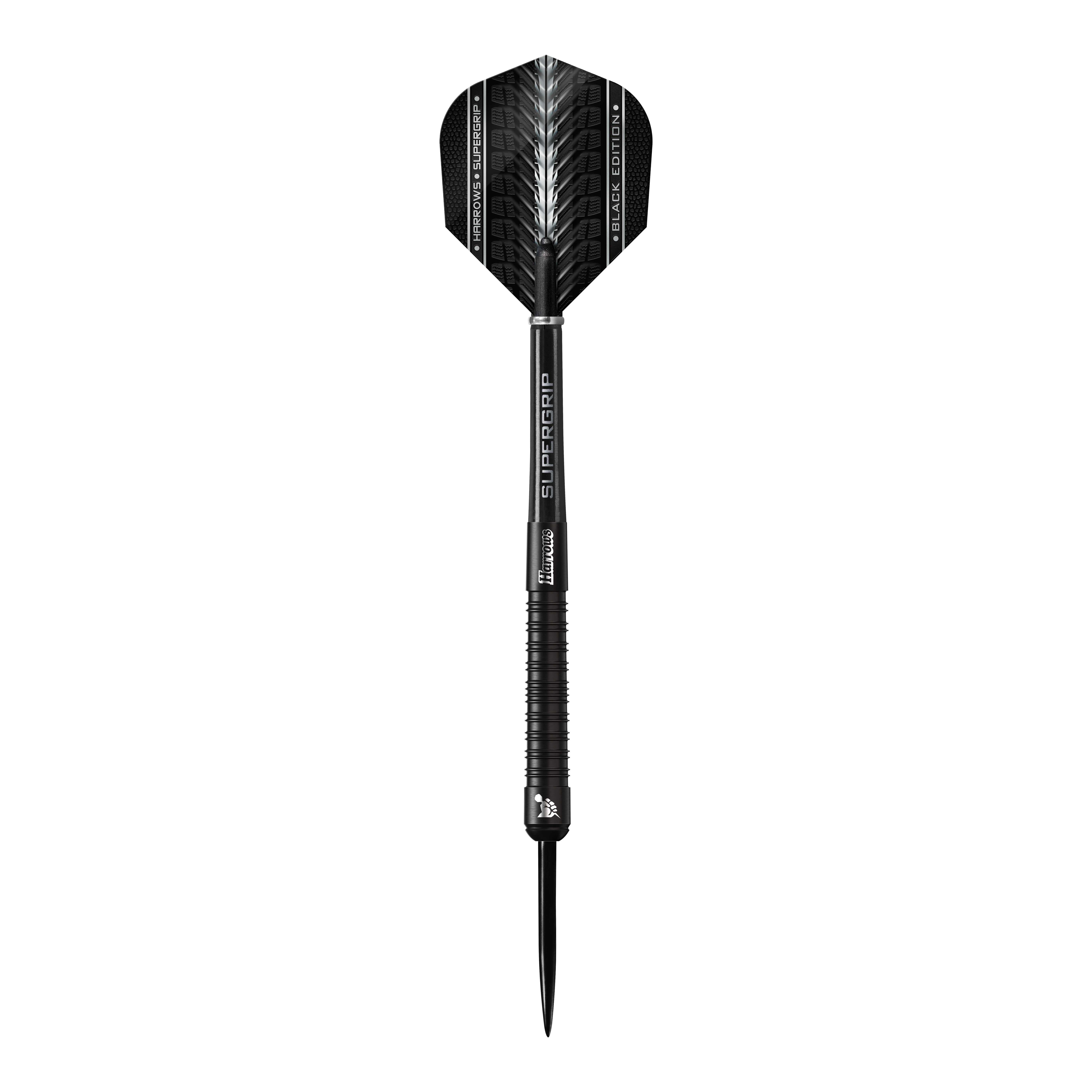 Ocelové šipky Harrows Supergrip Black Edition Das Bild zeigt einen schwarzen Steeldart der Marke Harrows Supergrip Black-Edition. Der Dart hat ein elegantes, komplett schwarzes Design mit feinen silbernen Akzenten.