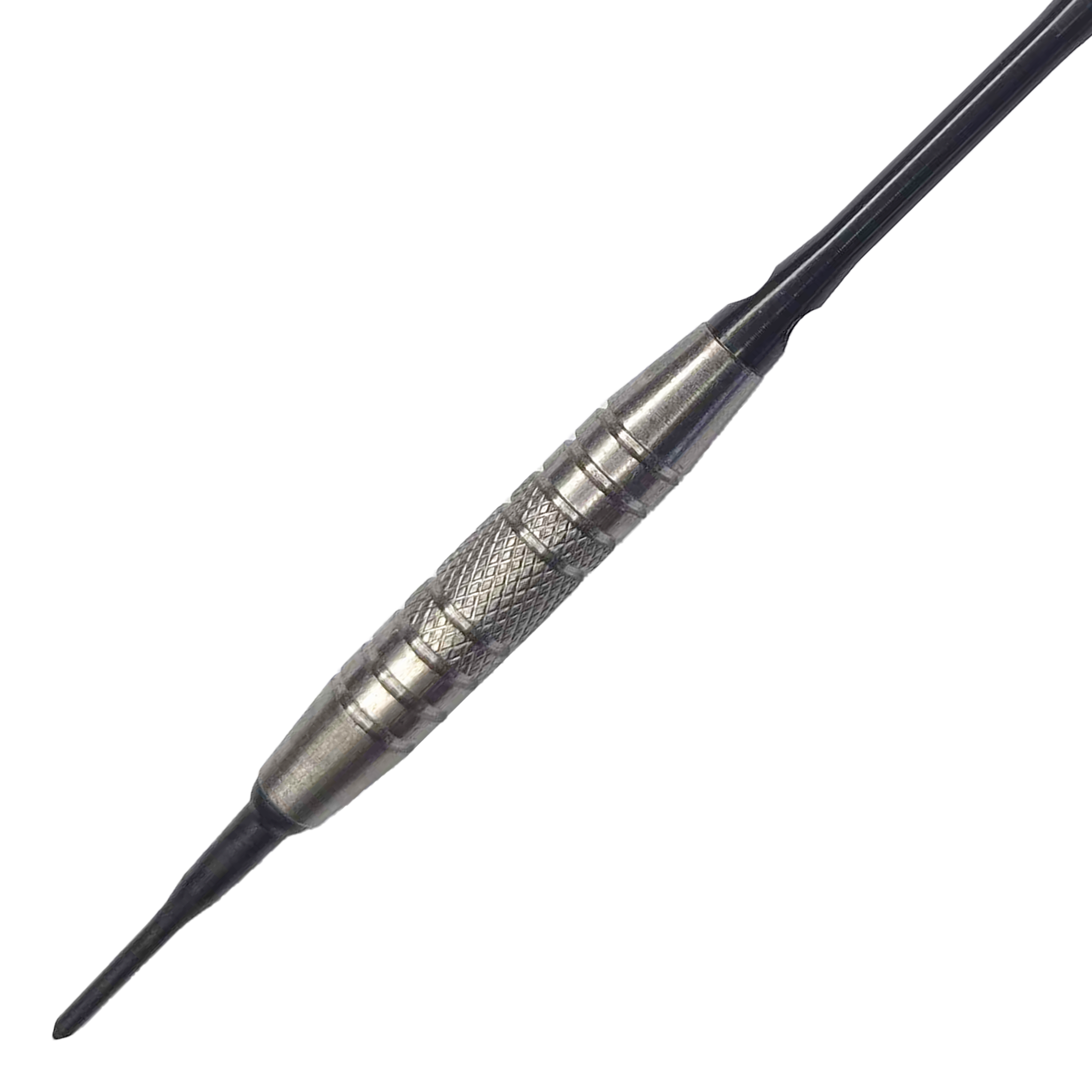 Měkké šipky McDart 85 Tungsten V6 - 16g Das Bild zeigt einen Softdart namens "McDart 85er Tungsten V6" mit einem Gewicht von 16 Gramm. Der Dart hat einen silbernen, strukturierten Griffbereich für besseren Halt.