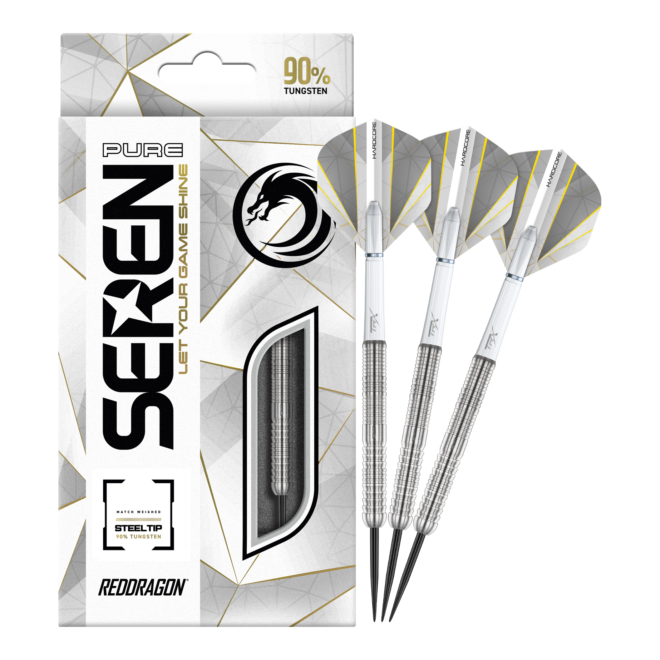 Auf dem Bild sind die Red Dragon Seren 1 Pure Steeldarts und ihre Verpackung zu sehen. Die Darts bestehen zu 90 % aus Tungsten und haben ein elegantes, silbernes Design.