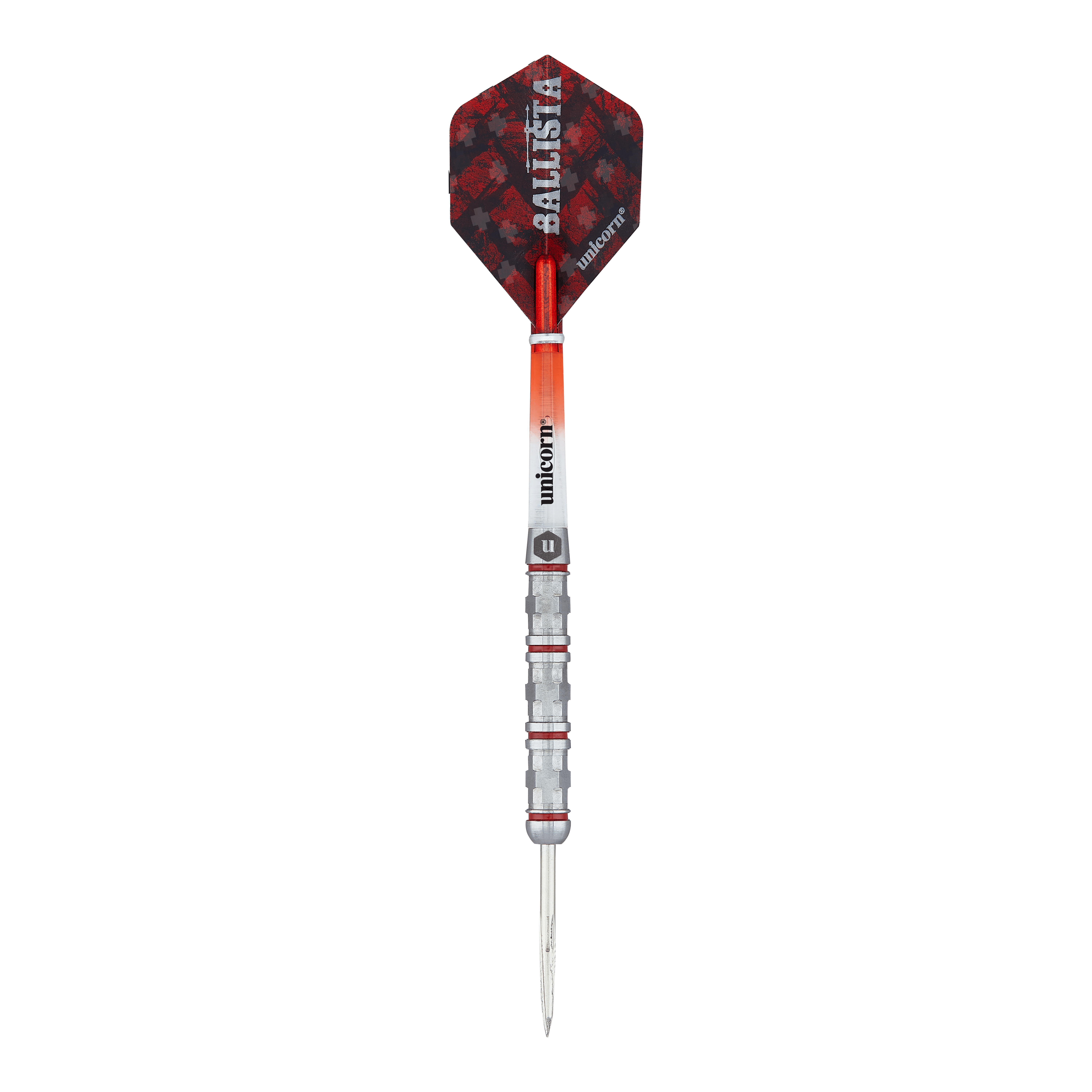 Ocelové šipky Unicorn Ballista Style 4 Das Bild zeigt einen Steeldart namens "Unicorn Ballista Style 4". Der Dart hat eine silberne Spitze, einen strukturierten Griff und rote sowie schwarze Akzente am Flight.