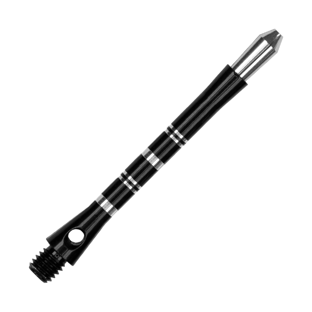 561_Target_Colette_Shafts_Schwarz_47mm_2 Das Bild zeigt einen schwarzen Harrows Colette Shaft für Darts. Der Shaft hat silberne Ringe als Akzente und ein glänzendes, elegantes Design.