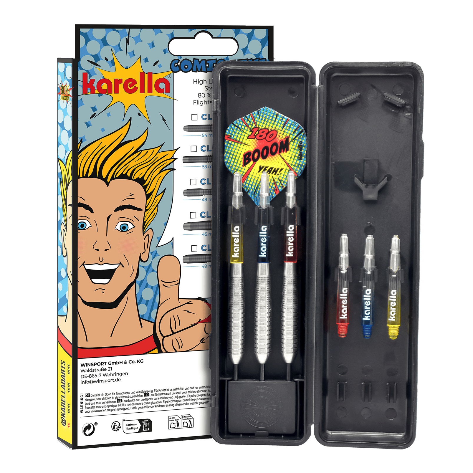Ocelové šipky Karella Comic Line CL-4 - 23g Abgebildet sind die Karella Comic Line CL-4 Steeldarts - 23g. Die Darts haben ein modernes Design und eine spezielle Gewichtsverteilung.