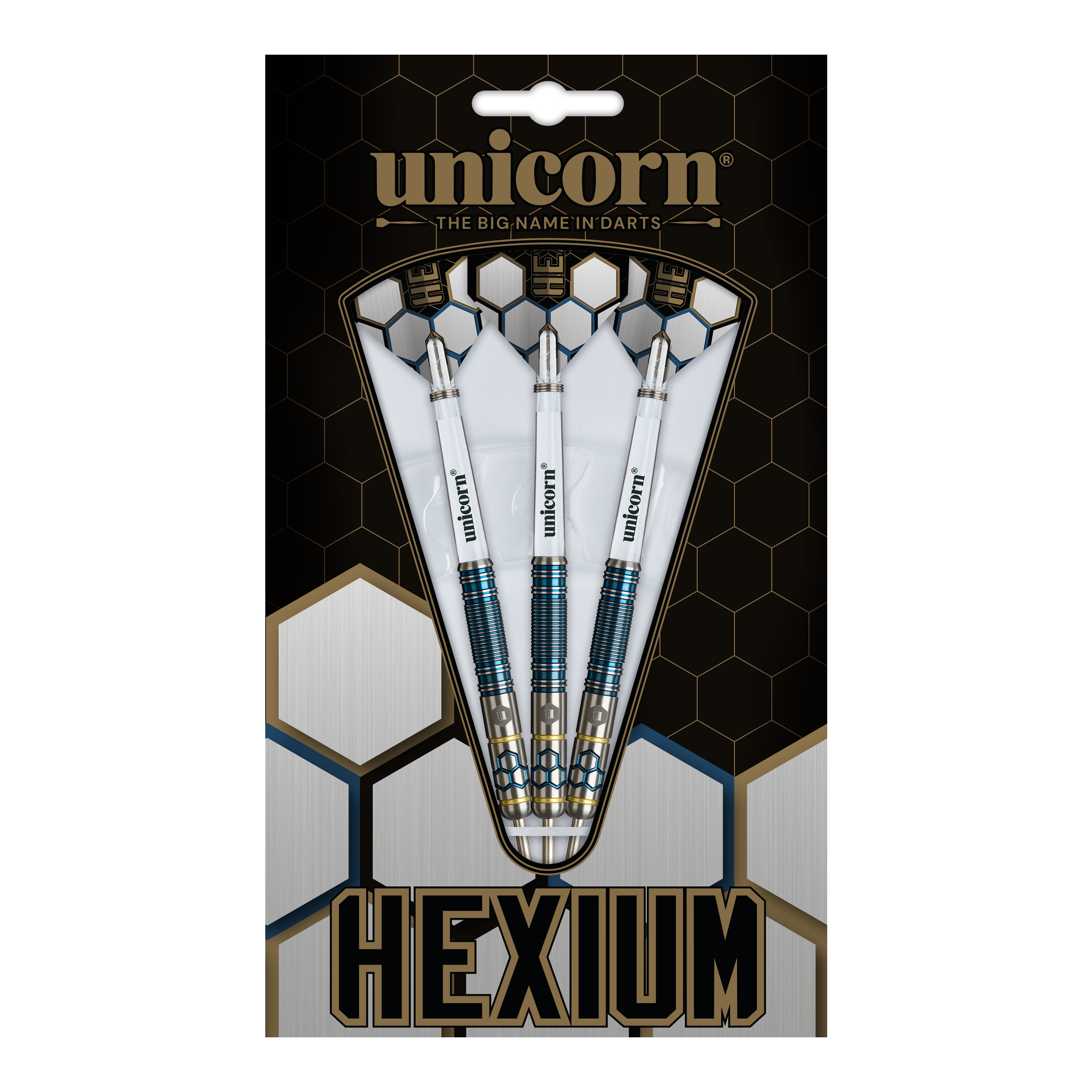 Das Bild zeigt die Unicorn Hexium Style 02 Blue & Gold Steeldarts. Die Darts sind in Blau und Gold designt.
