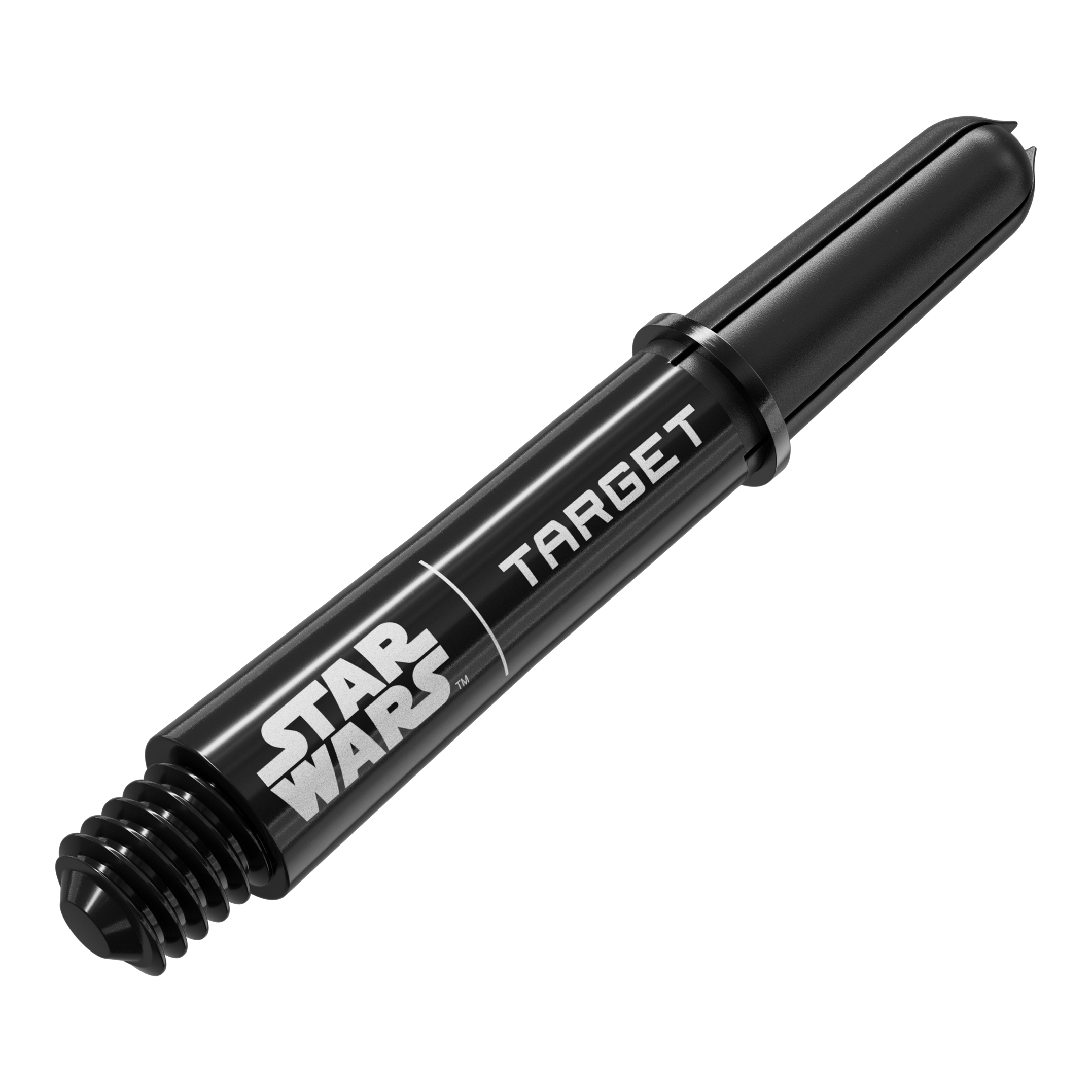 Násadky Target Star Wars ProGrip - černé Das Bild zeigt das Produkt mit dem Dateinamen 380420_Target_StarWars_ProGrip_Shafts_Schwarz_Short_34mm_2. Es handelt sich wahrscheinlich um schwarze, kurze Dartshafts mit Star Wars-Design.