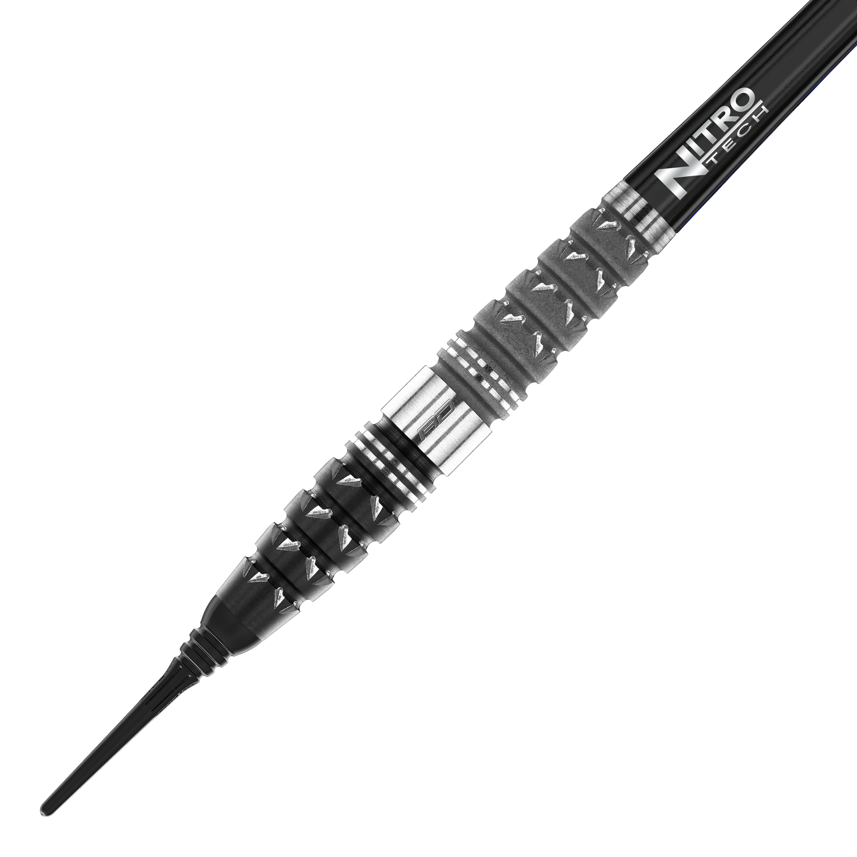 Dies ist der Red Dragon Paradym Torpedo Softdart mit einem Gewicht von 20g. Er hat ein markantes schwarzes und silbernes Design mit einer griffigen Struktur am Barrel.