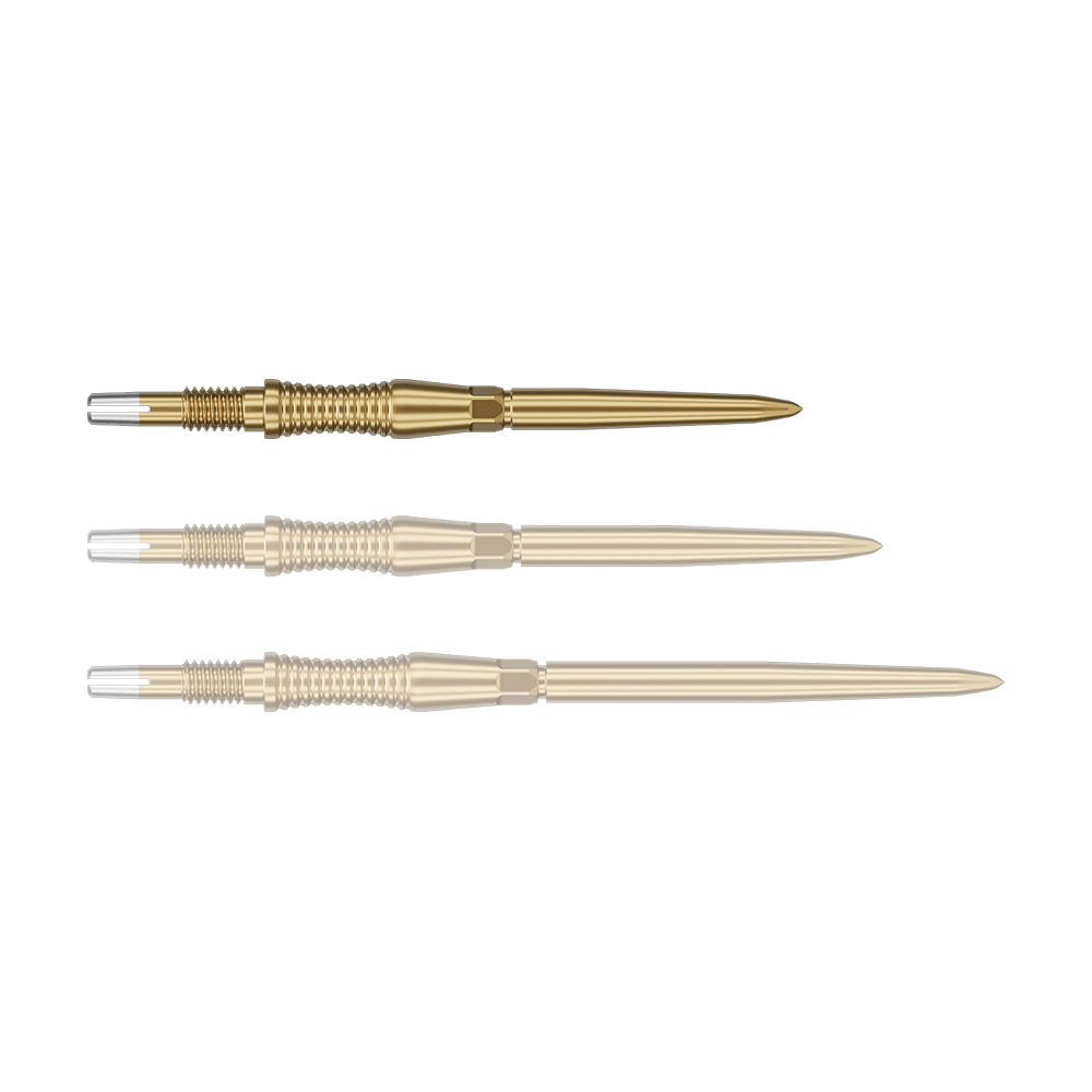 Špičky na šipky Target Swiss Point Signature RST - zlaté Das Bild zeigt eine Darts-Spitze von Target in Gold, vermutlich aus der Swiss Point Signature RST Serie mit 30mm Länge. Die Spitze hat ein detailliertes Design und reflektiert das Licht.