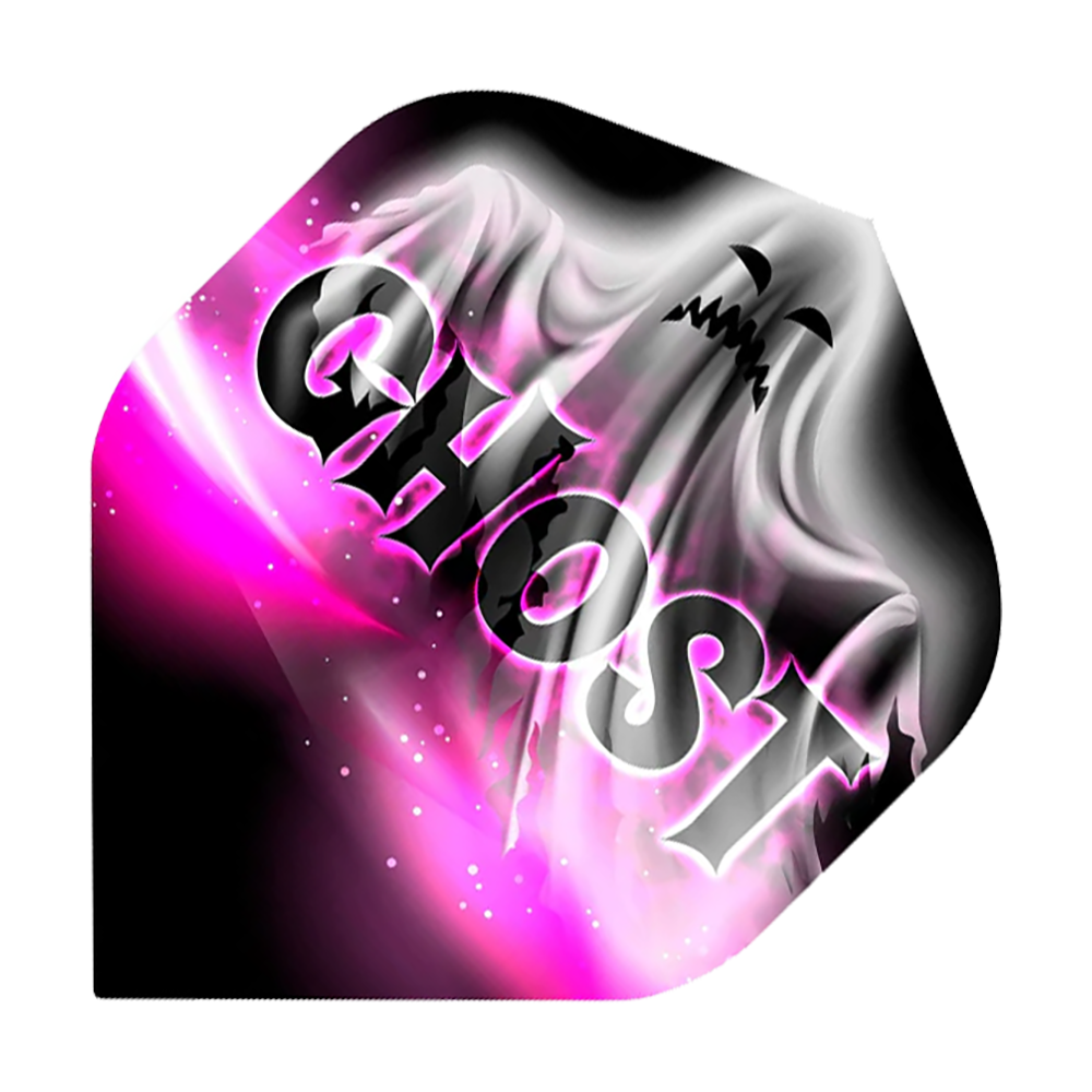 Standardní lety Mission Solo Bailey Marsh č. 2 Das Bild zeigt ein Dartflight mit einem Geistermotiv und dem Wort "GHOST" groß darüber geschrieben. Die Farben sind hauptsächlich Schwarz, Weiß und Pink.
