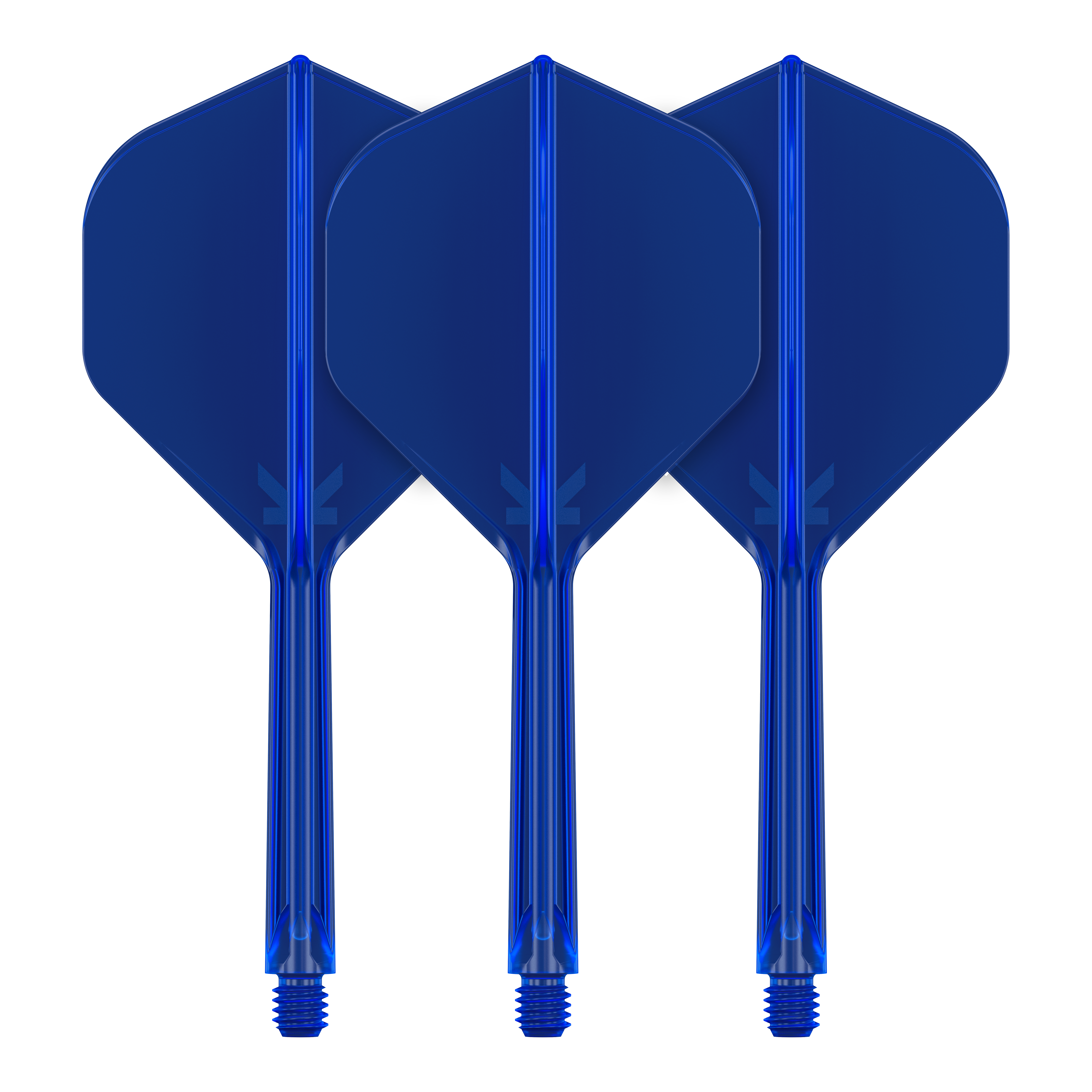 Standardní letový systém Target K-Flex No2 - modrý Auf dem Bild sind drei blaue Dart-Flights mit Schaft zu sehen. Sie stehen nebeneinander und haben eine standardisierte Form.
