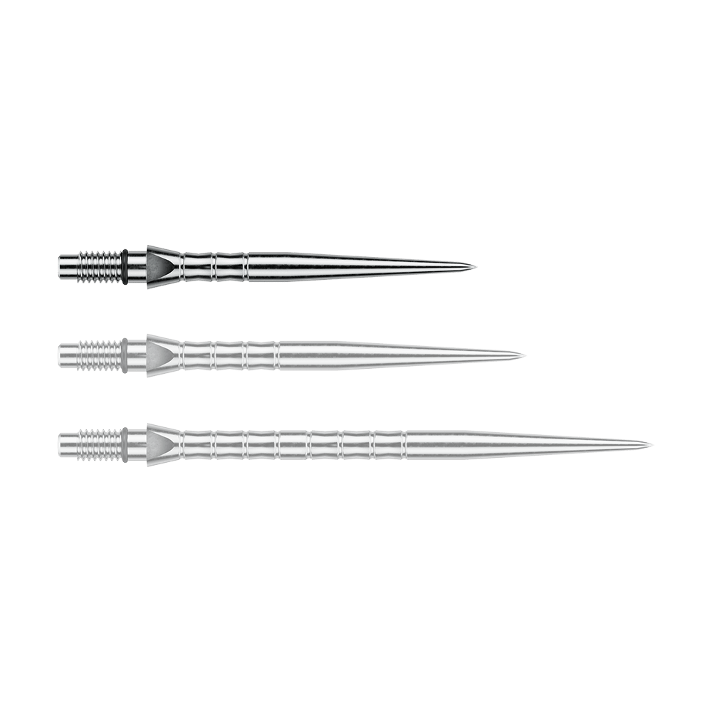 Ocelové hroty šipek Winmau Switch Point Wave - stříbrný efekt Das Foto zeigt Winmau Switch Point Wave Silver Effect Steeldartspitzen mit 26 mm. Die silberfarbenen Steeldartspitzen sind in der Nahaufnahme sichtbar.