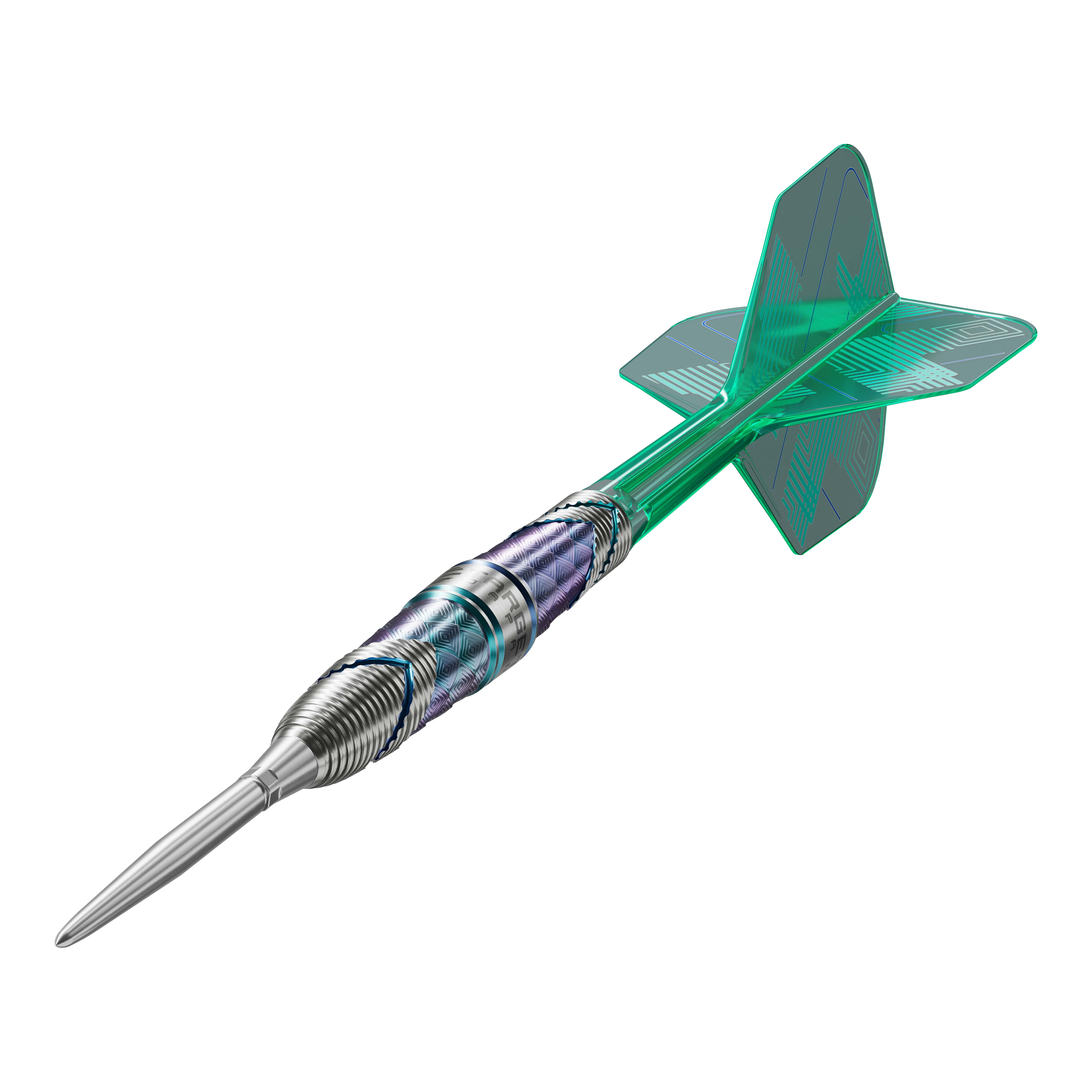 Das Bild zeigt einen Target Japan Kaze Series Ceros 01 Steeldart mit 23g Gewicht. Der Dartpfeil hat ein silbernes Griffstück und grüne Flights.