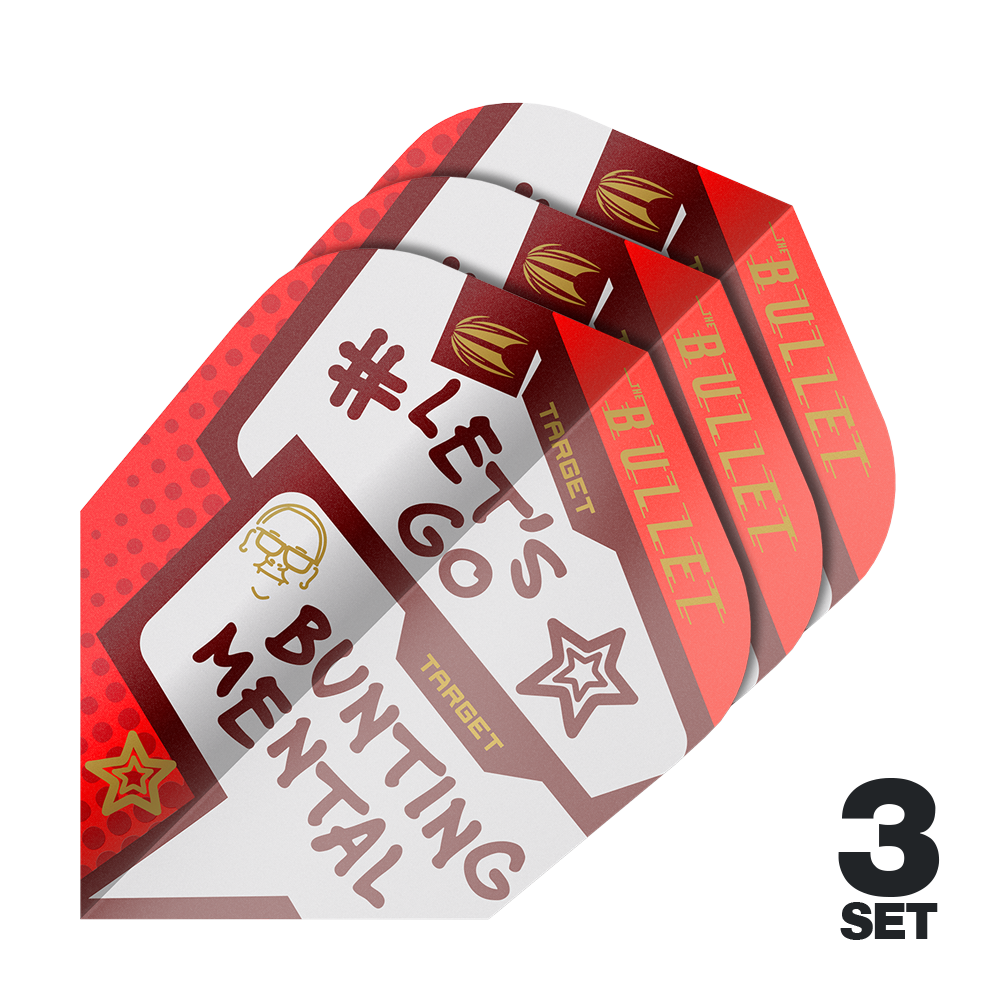 Das Bild zeigt drei Sätze Target Pro Ultra Stephen Bunting Mental Ten-X Flights für Darts. Auf den Flights steht "#LET'S GO BUNTING MENTAL" und sie sind in Rot- und Weißtönen gestaltet.
