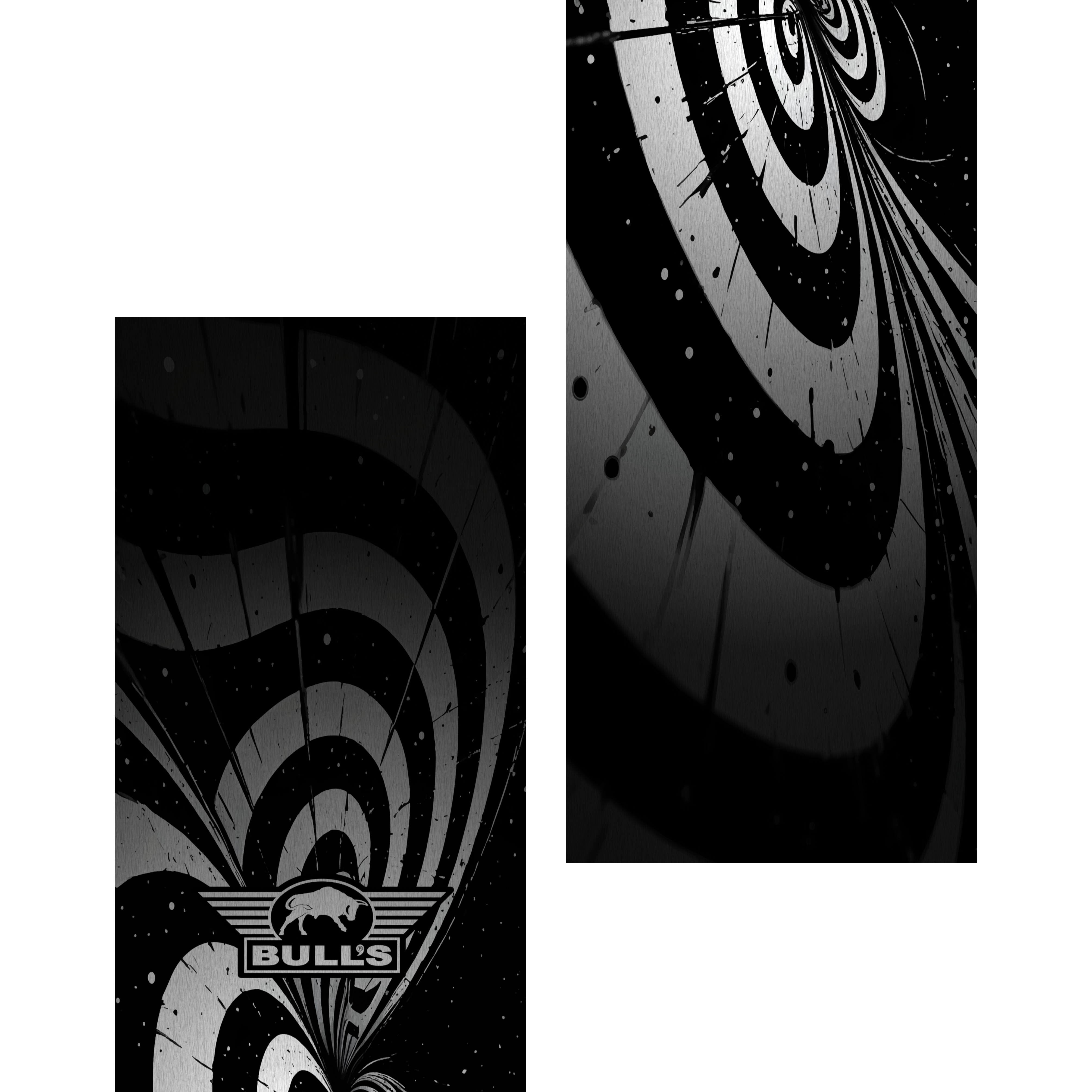 Das Bild zeigt den "Bulls NL Illusion Black White Dartteppich" mit einem auffälligen, schwarz-weißen Kreismuster. Unten ist das Logo von BULL'S mit einem stilisierten Stier zu sehen.
