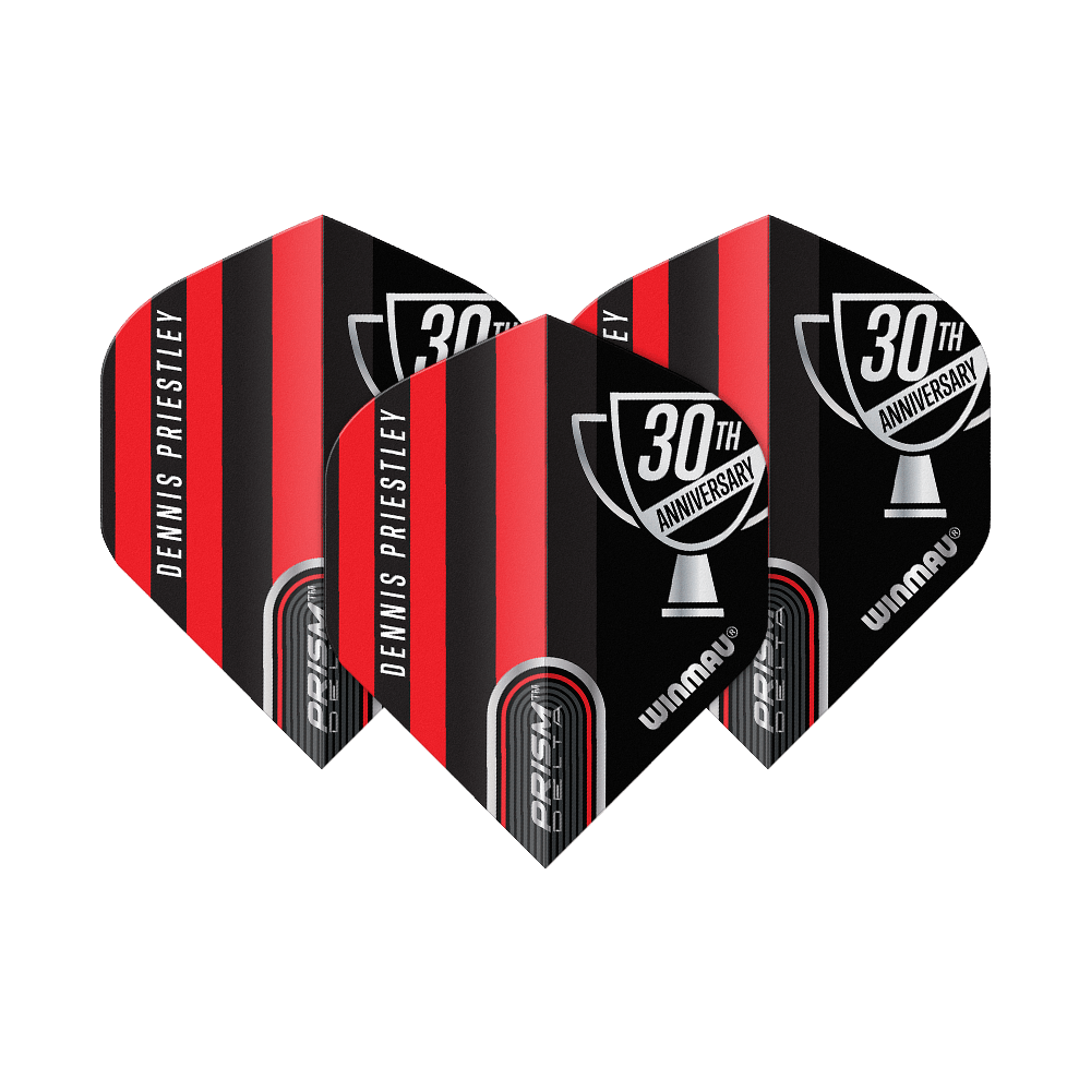 Das Bild zeigt drei Dartflights der Marke Winmau in rot-schwarzem Design. Auf den Flights steht "Dennis Priestley" und "30th Anniversary".