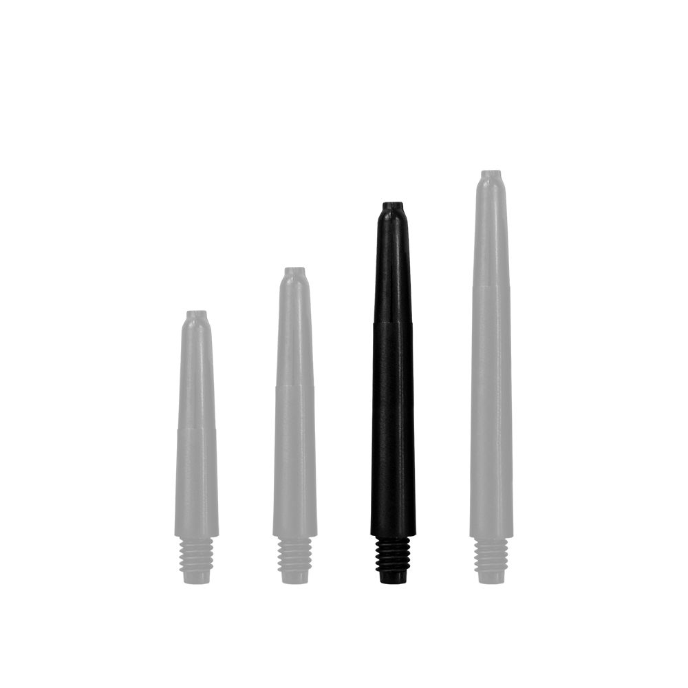 567_Nylon_Shafts_Schwarz_40mm_1Ml4i02i3l4FV7 Das Bild zeigt vier schwarze Nylon Shafts in unterschiedlichen Längen. Sie sind nebeneinander angeordnet und haben ein Schraubgewinde am unteren Ende.