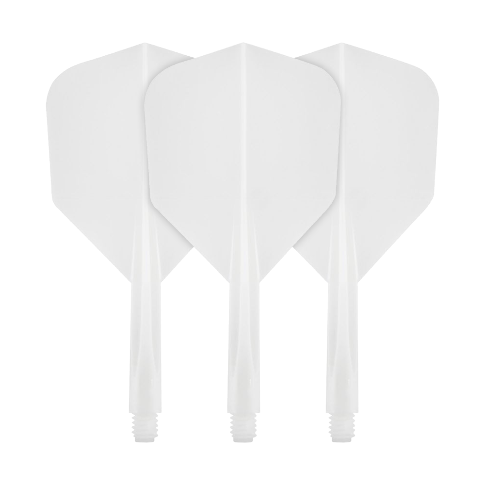 CO-0004_Condor_Axe_White_Flight-System_Small_1 Das Bild zeigt drei weiße Dartflights mit integriertem Schaft. Es handelt sich um das Produkt "Condor Axe White Flight-System Small".