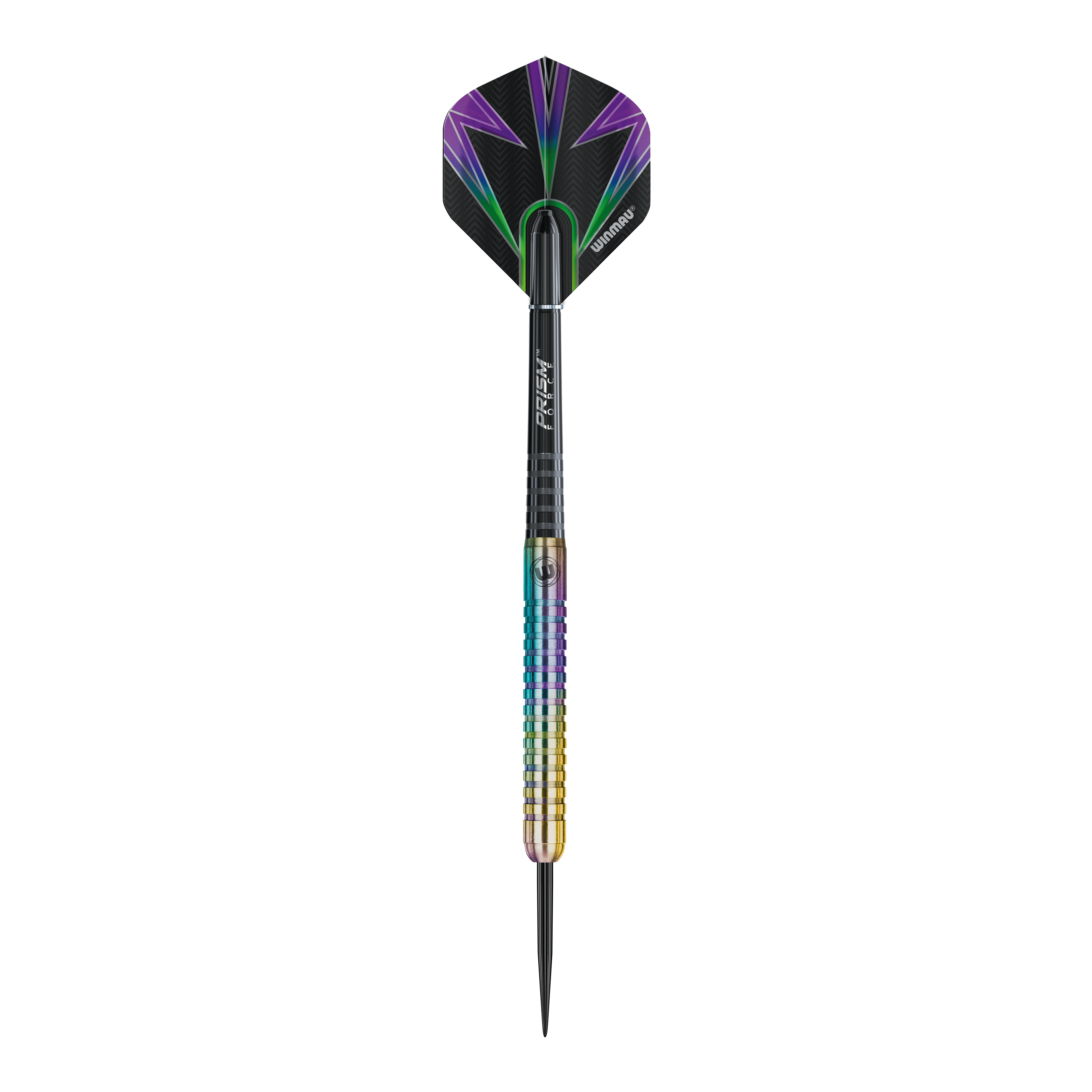 Ocelové šipky Winmau Foxfire Urban Das Bild zeigt einen Winmau Foxfire Urban Steeldart mit buntem Schaft und moderner Optik. Die Flight ist schwarz mit lila und grünen Akzenten gestaltet.