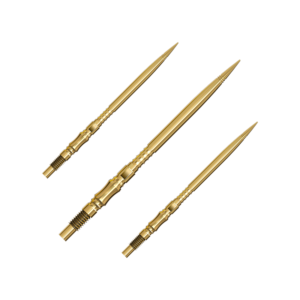 Špičky na šipky Harrows Quick Point Axis Elite Series - zlaté Ein Set von mehreren goldfarbenen Dartspitzen liegt nebeneinander. Die Spitzen sind gut sortiert und übersichtlich angeordnet.