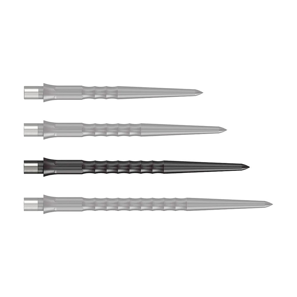 Mission Caliburn EVO System Steel Dart Tips - Ripple - NoLip - Black Zu sehen ist eine schwarze Steeldartspitze mit Ripple NoLip Design, 36 mm Länge. Das Produkt ist Teil des Caliburn Evo Systems.