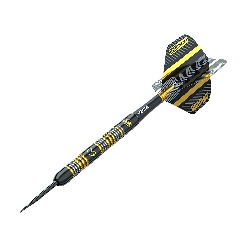 1481_Winmau_Michael_Van_Gerwen_Trilogy_Steeldarts_4 Dieser Dartpfeil ist schwarz und gelb mit silbernen Ringen am Schaft. Auf der Flights steht "WINMAU" und "MvG DESIGN".