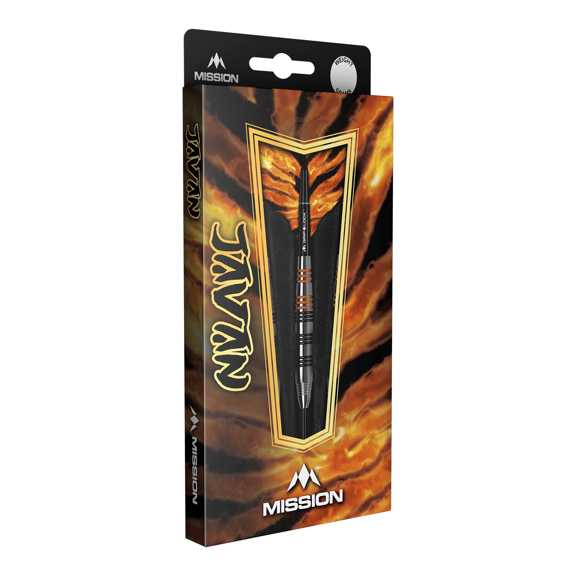 Šipky Mission Javan Brass Steel - 22g Die Abbildung zeigt die Verpackung der Mission Javan Brass Steeldarts mit einem Gewicht von 22g. Das Design ist auffällig und besitzt feurige Farben mit dem Produkt im Vordergrund.