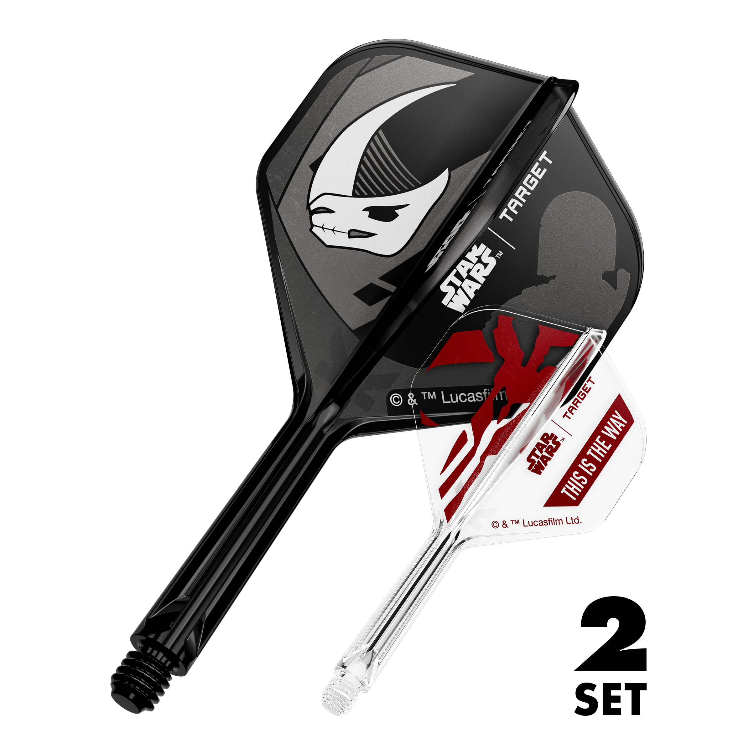 Das Bild zeigt das Produkt mit dem Dateinamen 410621_Target_StarWars_K-Flex_Mandalorian_2PackSet_No2_Standard_Flights_26mm_1. Es handelt sich vermutlich um Dartzubehör mit Star Wars Mandalorian Motiv.