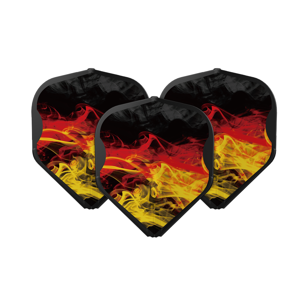 Das Bild zeigt drei Dartflights der Marke L-Style RYB-Series Type D Black L1EZ. Sie sind schwarz mit roten und gelben Rauchmustern gestaltet.