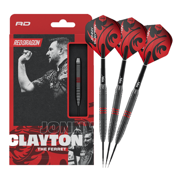 Dieses Bild zeigt die Red Dragon Jonny Clayton Core Brass Steeldarts - 21g in voller Länge. Die Darts haben goldene Rillen und rote sowie schwarze Details am Flight.