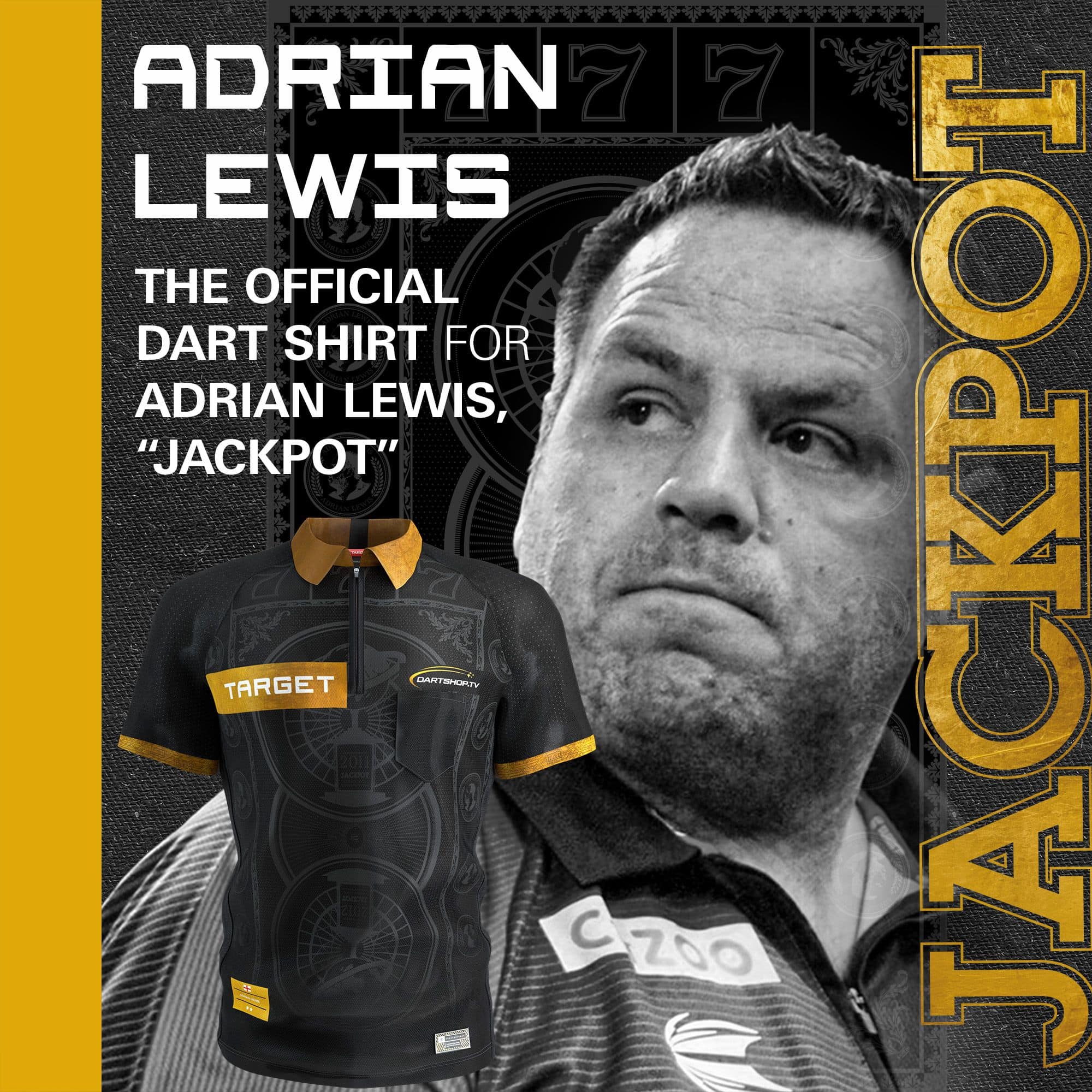 Tričko Target Adrian Lewis s motivem šipky 2026 Das Bild zeigt das Target Adrian Lewis Dartshirt 2026. Dieses Shirt ist für Darts-Fans und Sammler konzipiert.