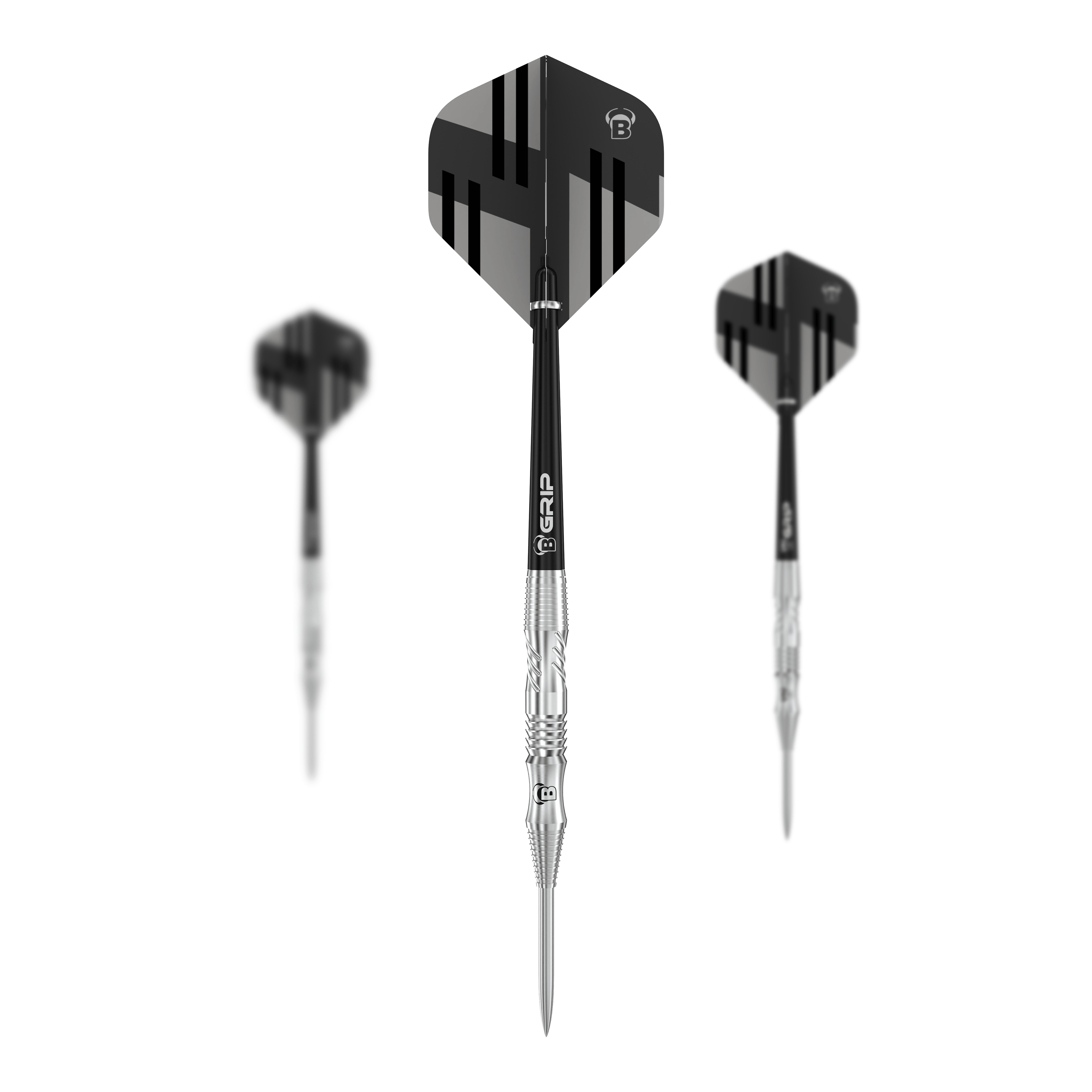 Bulls Tac T1 Steeldarts Das Bild zeigt drei Bulls Tac T1 Steeldarts mit silbernen Spitzen und schwarzem Flight. Die Flights haben ein modernes, schwarz-graues Streifendesign.