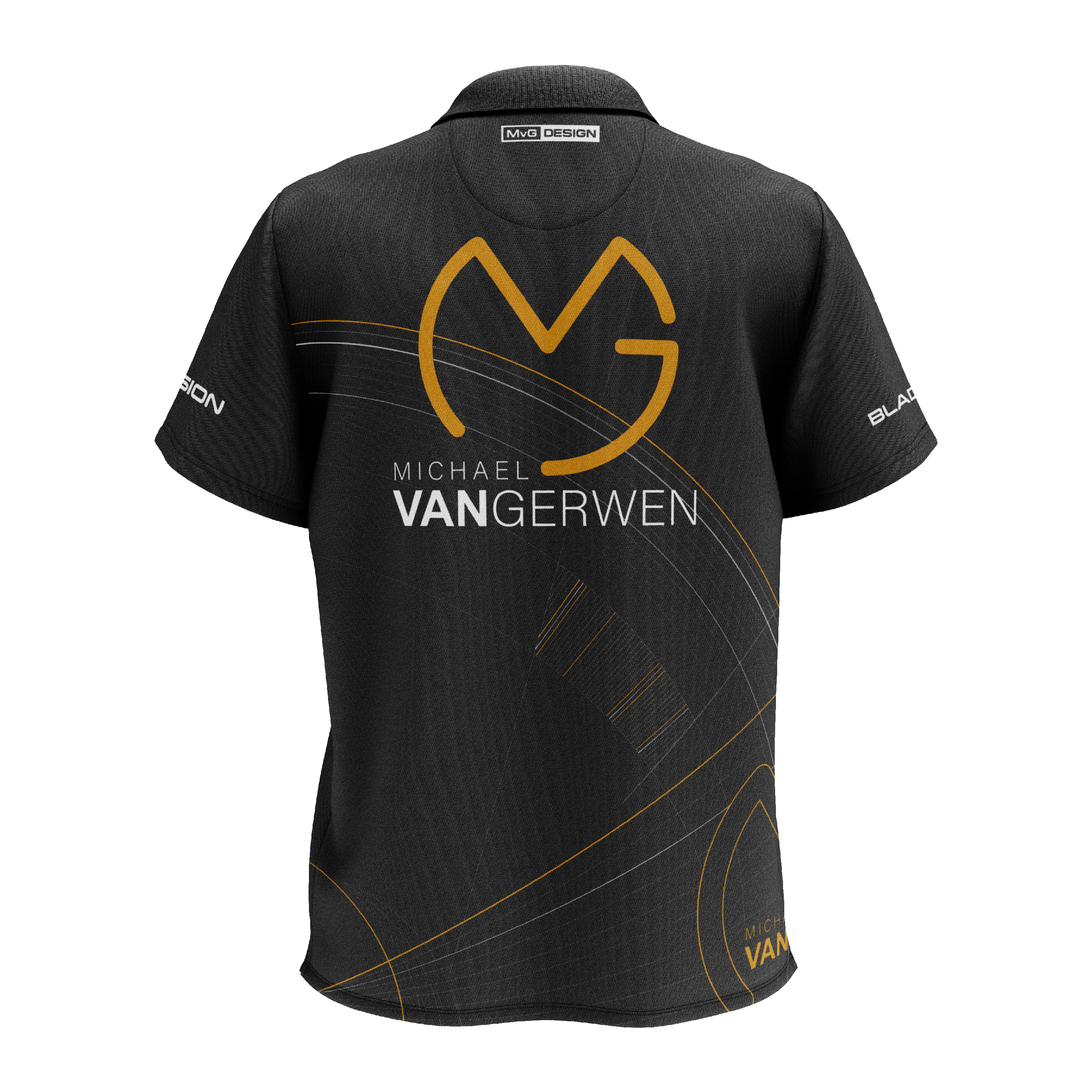 Das Bild zeigt ein schwarzes Dartshirt mit goldenen und weißen Akzenten. Auf der Rückseite steht "Michael van Gerwen" zusammen mit einem großen, stilisierten "MVG"-Logo.