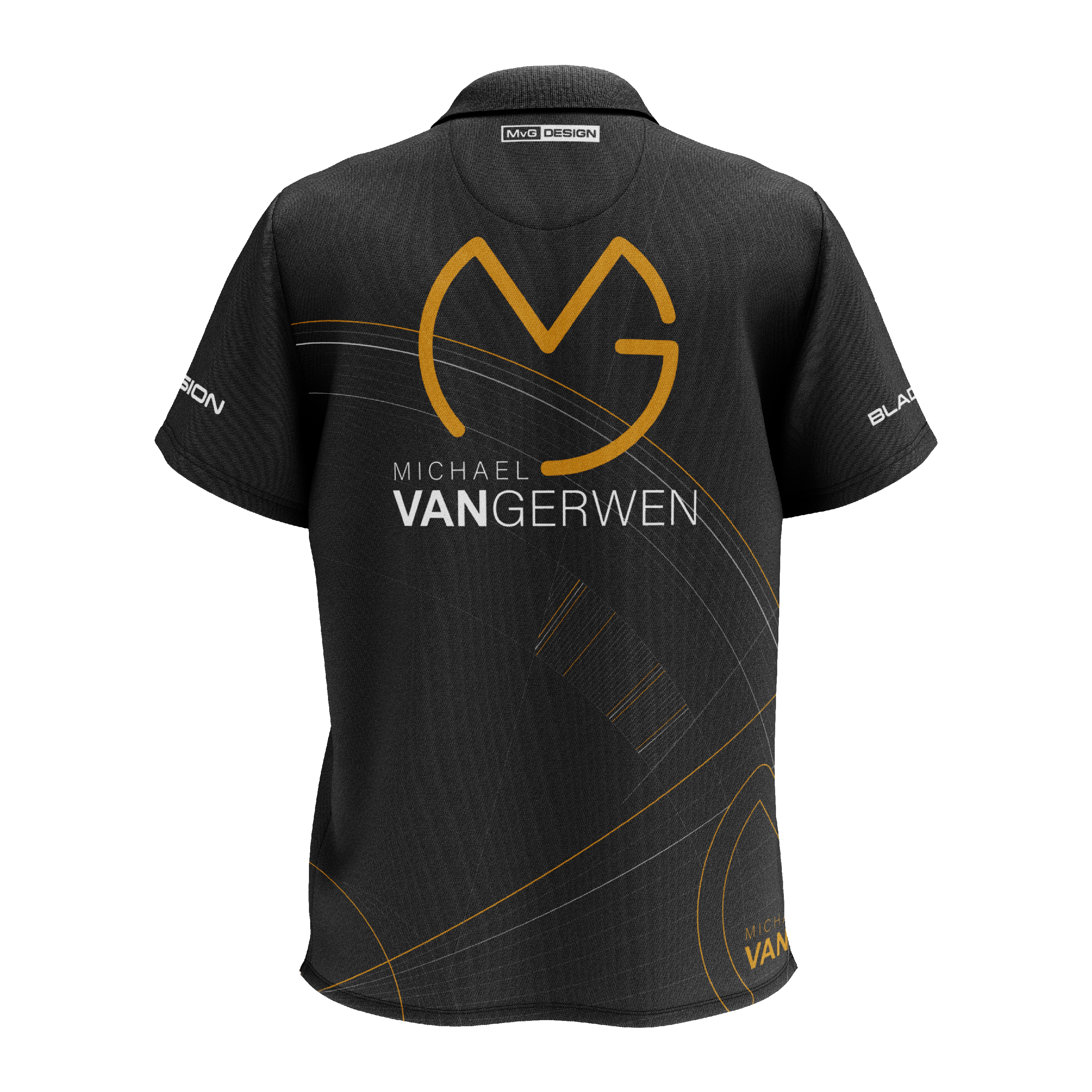 Polo šipková košile Winmau Limited Edition Tour Das Bild zeigt ein schwarzes Dartshirt mit goldenen und weißen Akzenten. Auf der Rückseite steht "Michael van Gerwen" zusammen mit einem großen, stilisierten "MVG"-Logo.