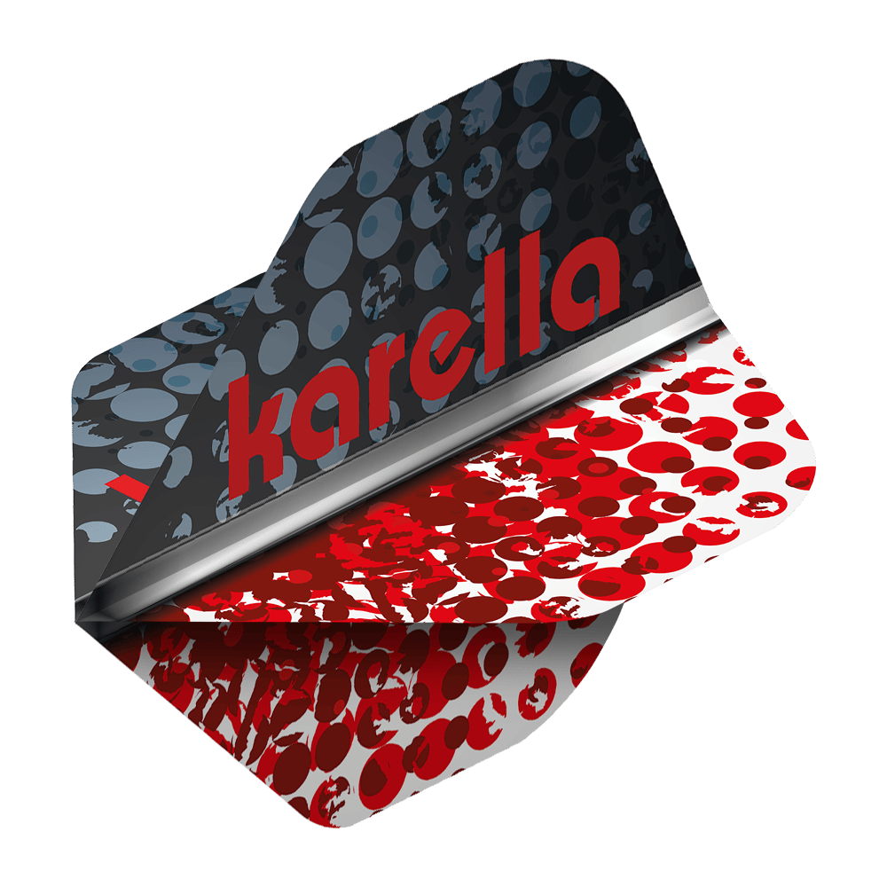 8032-12_Karella_XT-5_No2_Standard_Flights_2 Das Bild zeigt das Produkt "Karella XT-5 No2 Standard Flights". Es hat ein modernes Design mit schwarzen, grauen und roten Punkten und dem roten Schriftzug "karella".