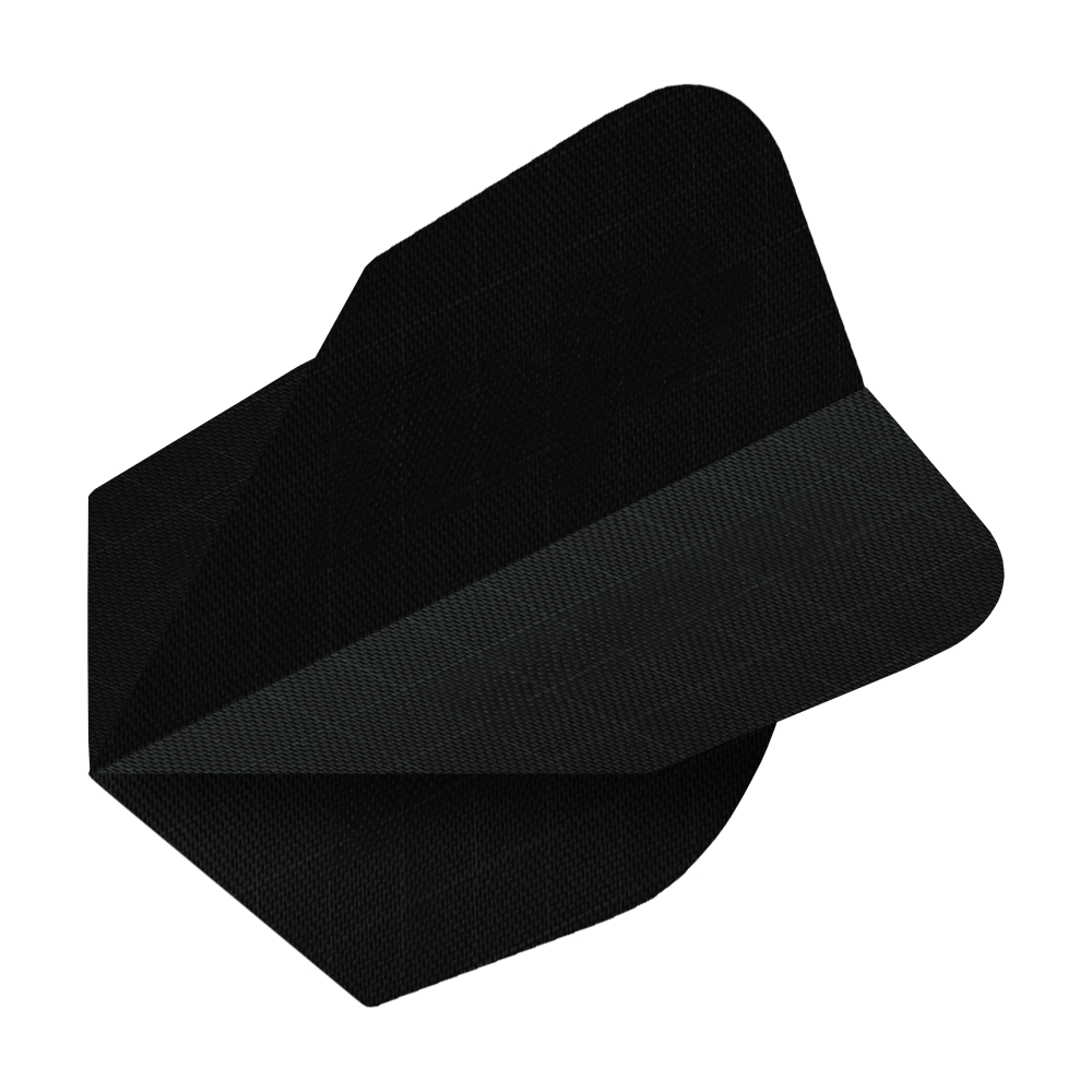 Das Bild zeigt einen schwarzen Nylon-Stoff No6 Flight. Dieses Zubehör wird für Dartpfeile verwendet.