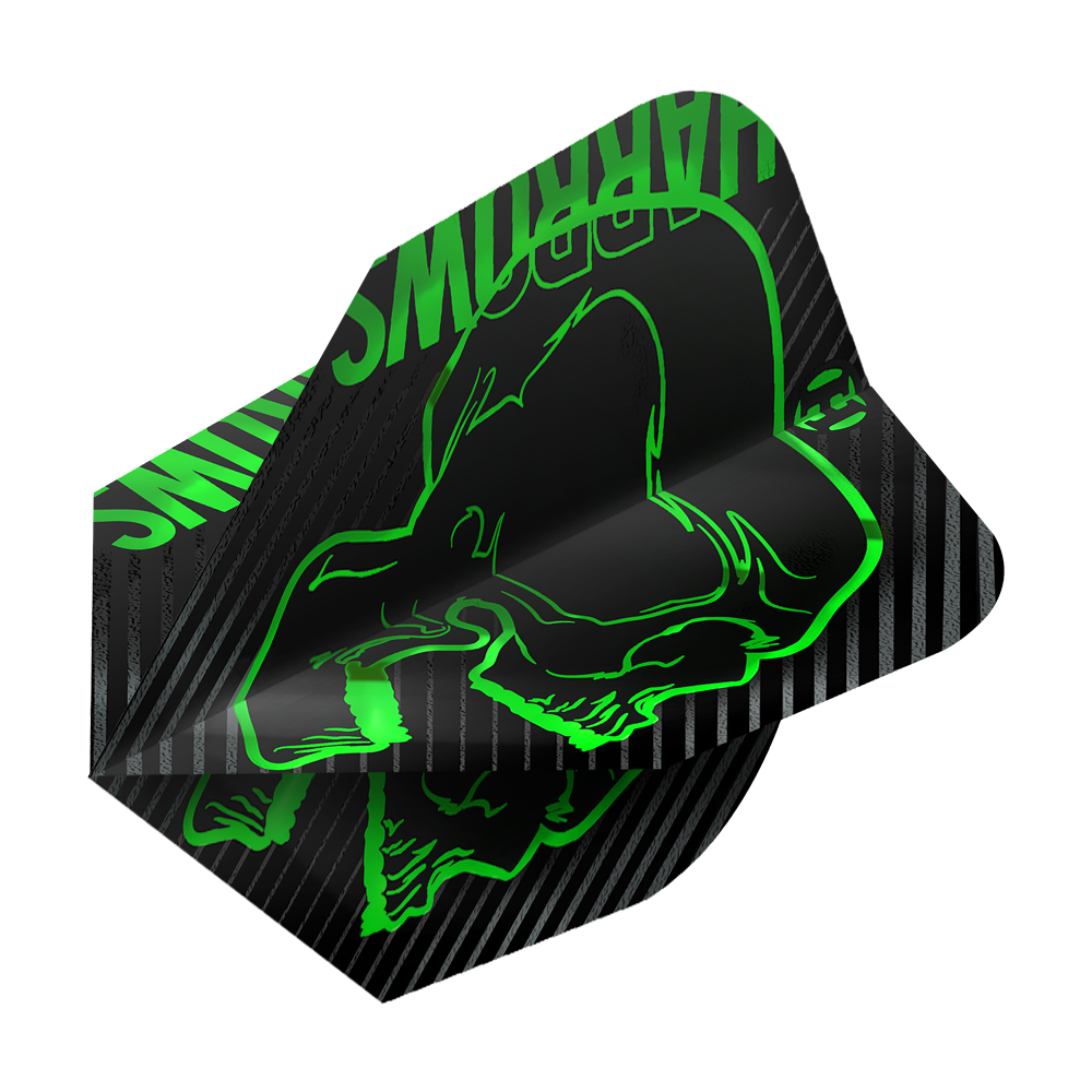 Lety do Harrows Rage Green č. 6 Das Bild zeigt das Produkt "Harrows Rage Green No6 Flights". Die Dart-Flights sind schwarz mit grünen, auffälligen Grafiken und Schriftzügen gestaltet.