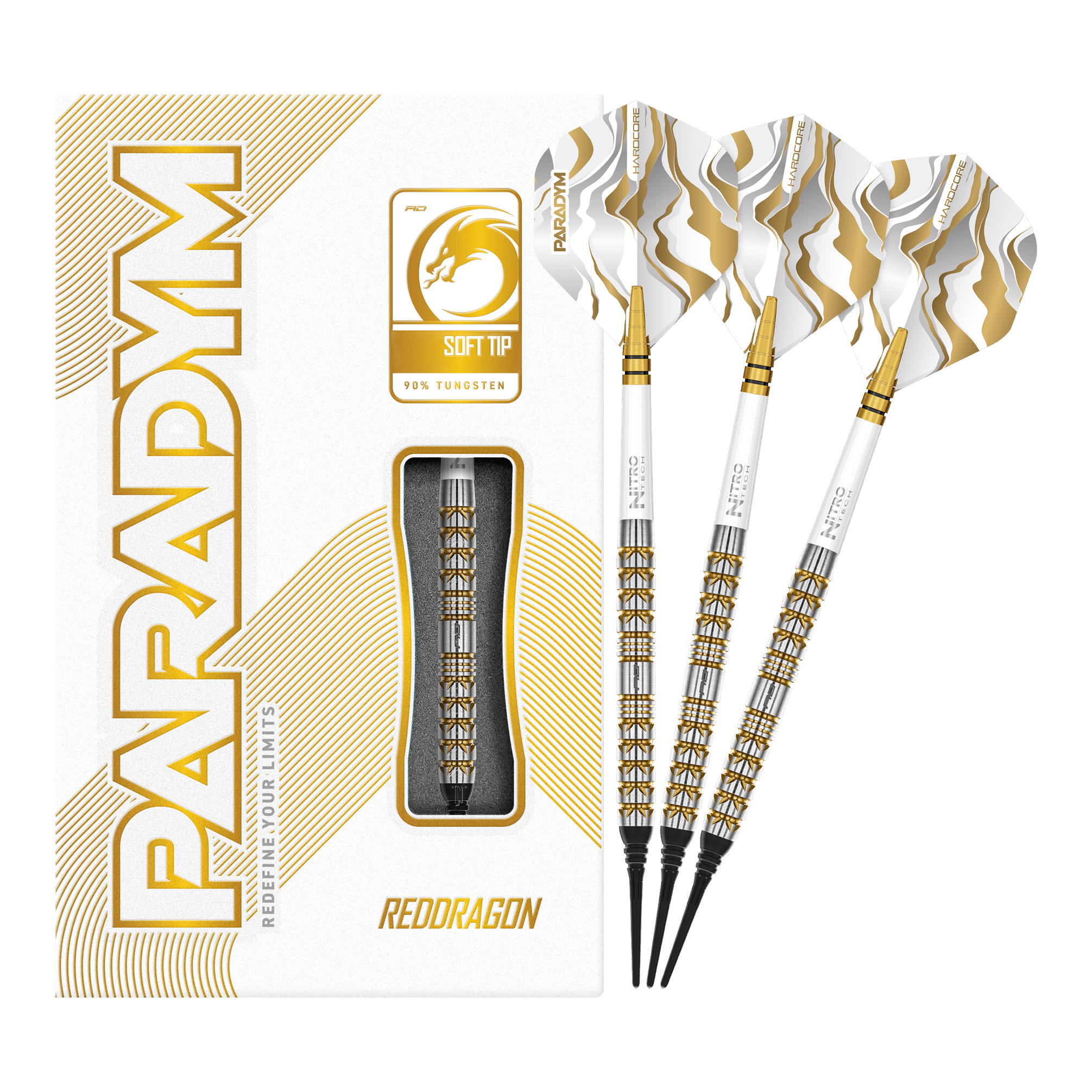 Šipky Red Dragon Paradym Gold Parallel Softdarts - 20g Das Bild zeigt die Red Dragon Paradym Gold Parallel Softdarts - 20g in voller Länge. Die goldfarbenen Darts wirken hochwertig und professionell.
