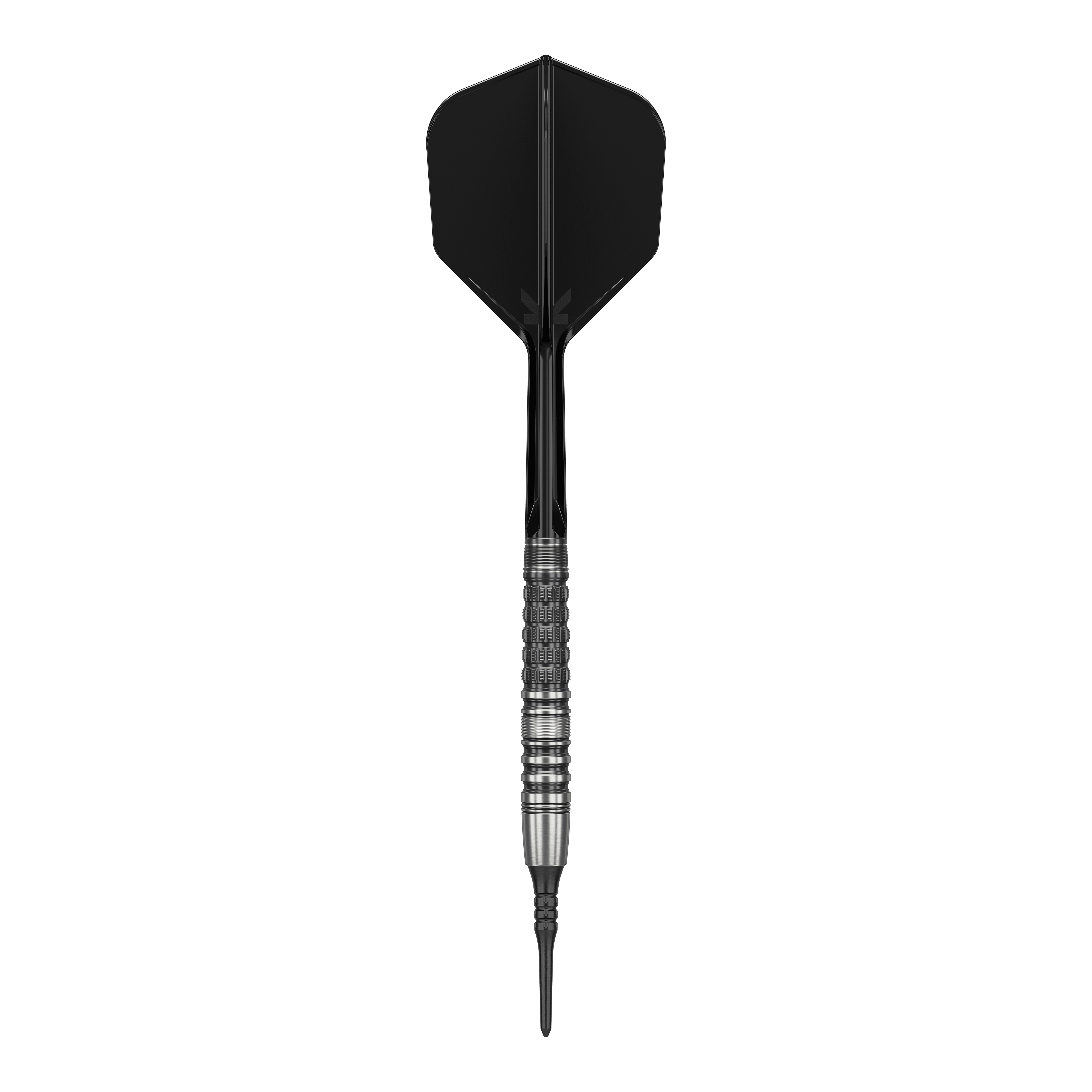 Měkké šipky Target Japan Black Marque Lumiere GEN3 - 18,5 g Das Bild zeigt einen Softdart mit schwarzer Spitze, schwarzem Shaft und Flight sowie einem silbernen, strukturierten Barrel. Es handelt sich um den "Target Japan Black Marque Lumiere GEN3 Softdarts - 18,5g".