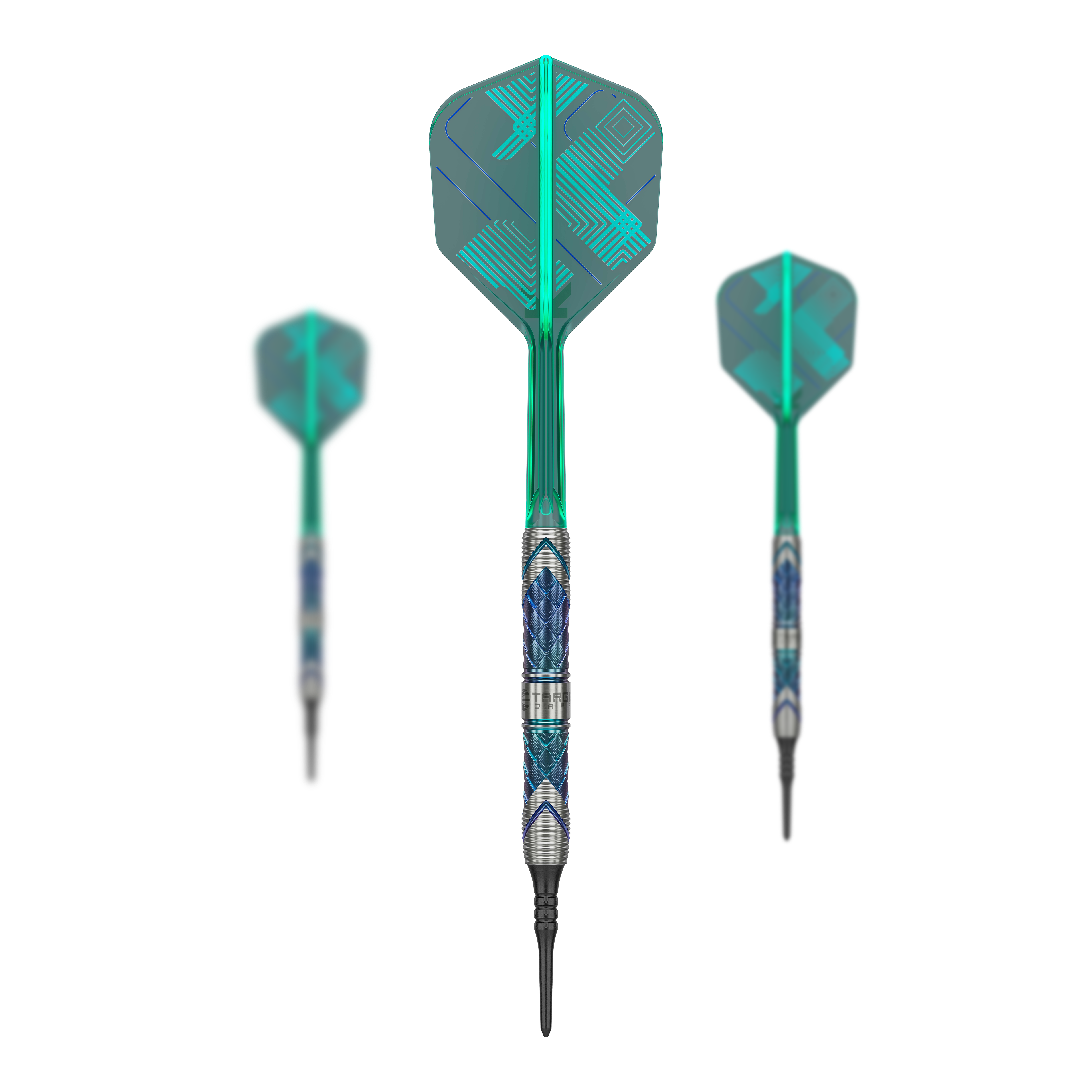 Měkké šipky Target Japan Kaze Series Ceros 03 - 19g Das Bild zeigt drei Softdarts aus der Target Japan Kaze Series Ceros 03, 19g. Die Darts haben auffällige grün-blaue Flights und einen silbernen, gemusterten Barrel.