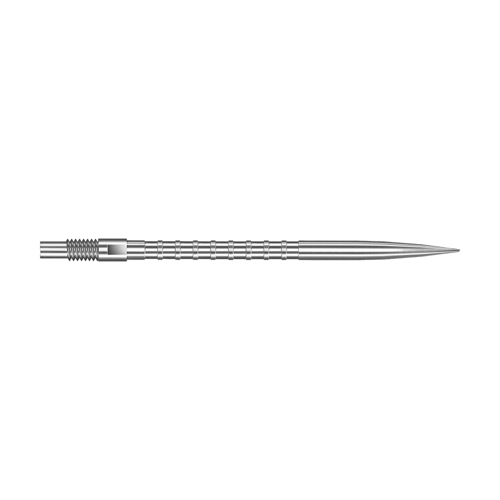 Špičky na šipky Harrows Quick Point Heavy Metal - stříbrné Das Bild zeigt eine silberne Dartspitze mit Heavy Metal Grip, 40 mm lang. Die Spitze liegt auf weißem Hintergrund.