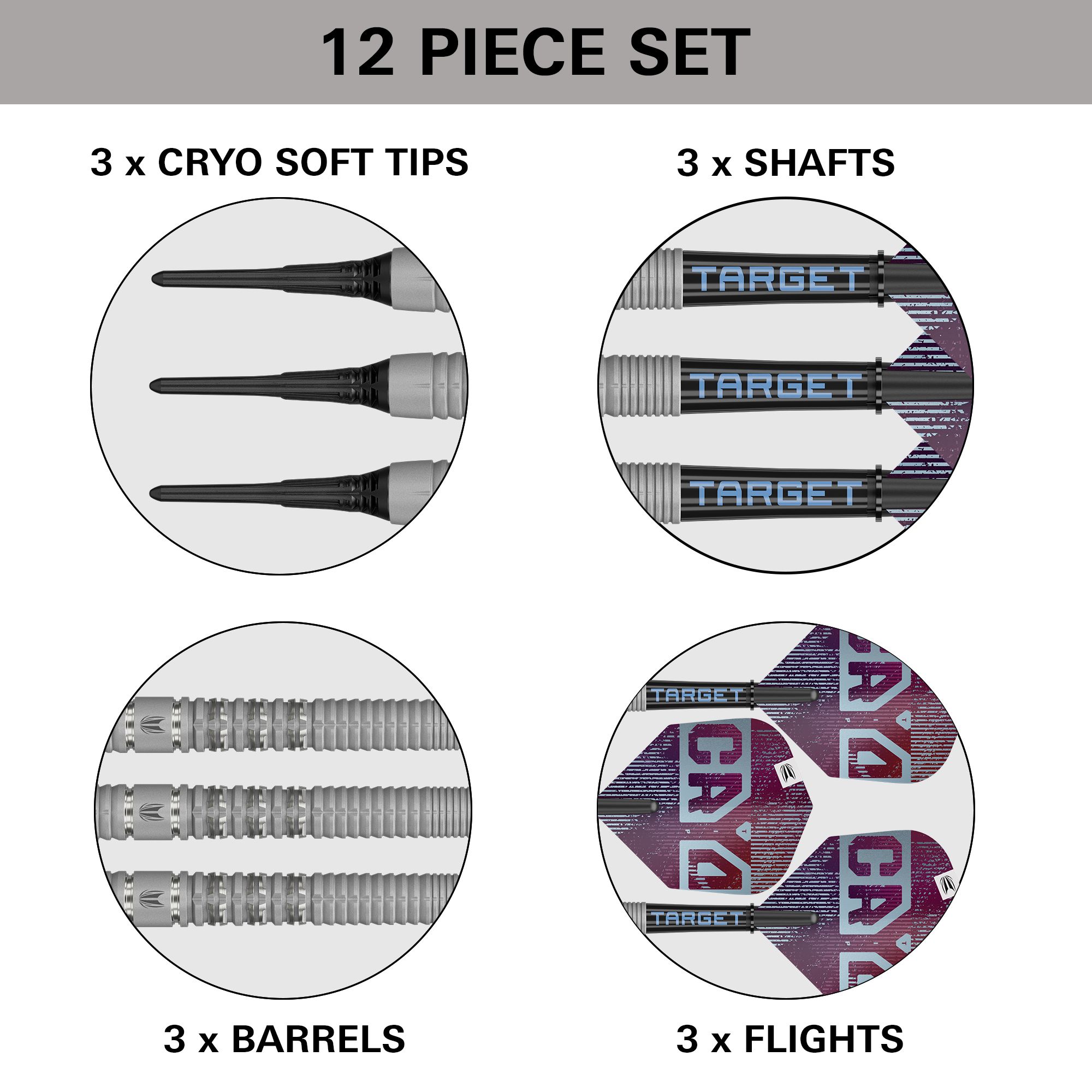 Abgebildet ist das Produkt Target Cryo 11 Softdarts. Diese Darts sind speziell für das Softdartspiel entworfen.