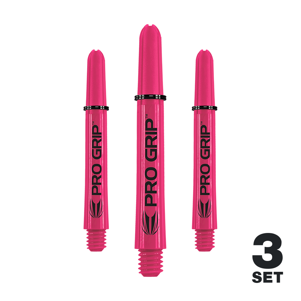 Target Pro Grip Shafts - 3 sady - Pink Das Bild zeigt drei pinke Pro Grip Shafts für Darts. Unten rechts steht "3 Set" geschrieben.