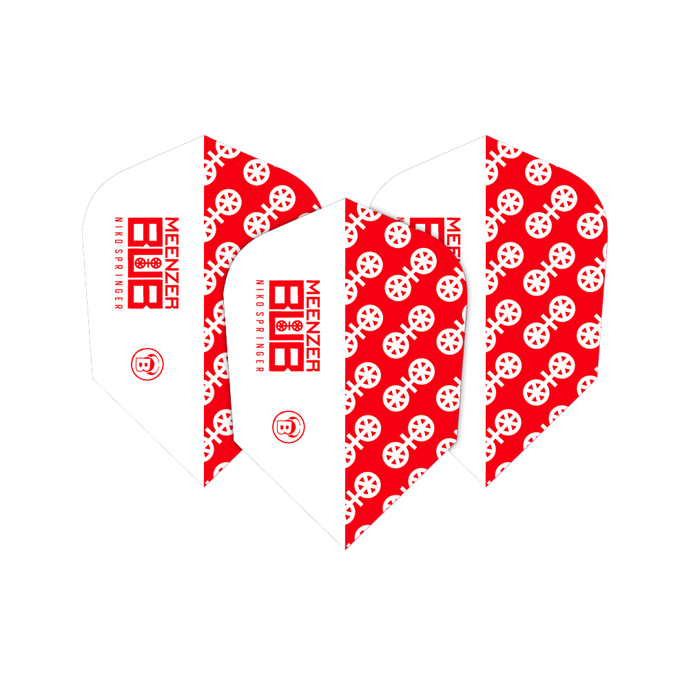 Letky Bulls X-Powerflite Niko Springer XXL B-Standard Das Bild zeigt drei Dart-Flights des Modells "Bulls X-Powerflite Niko Springer XXL B-Standard Flights". Die Flights sind rot-weiß gestaltet und mit einem auffälligen Muster sowie dem Schriftzug "MEENZER NIKO SPRINGER" bedruckt.